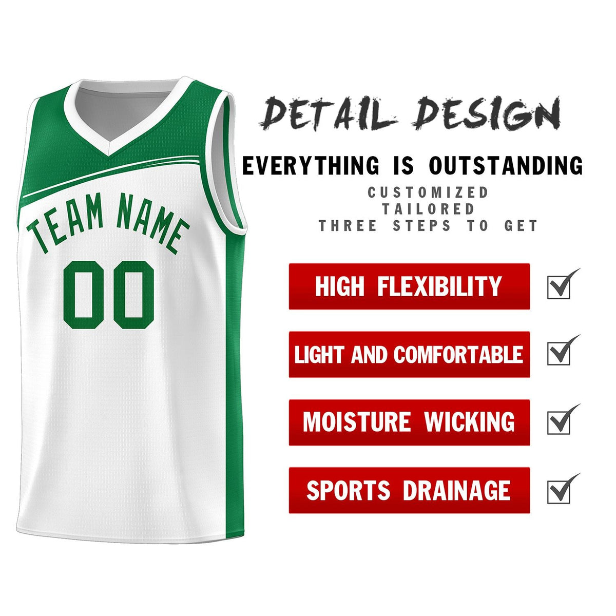 Custom White Kelly Green Color Block Sports Uniform Basketball Jersey