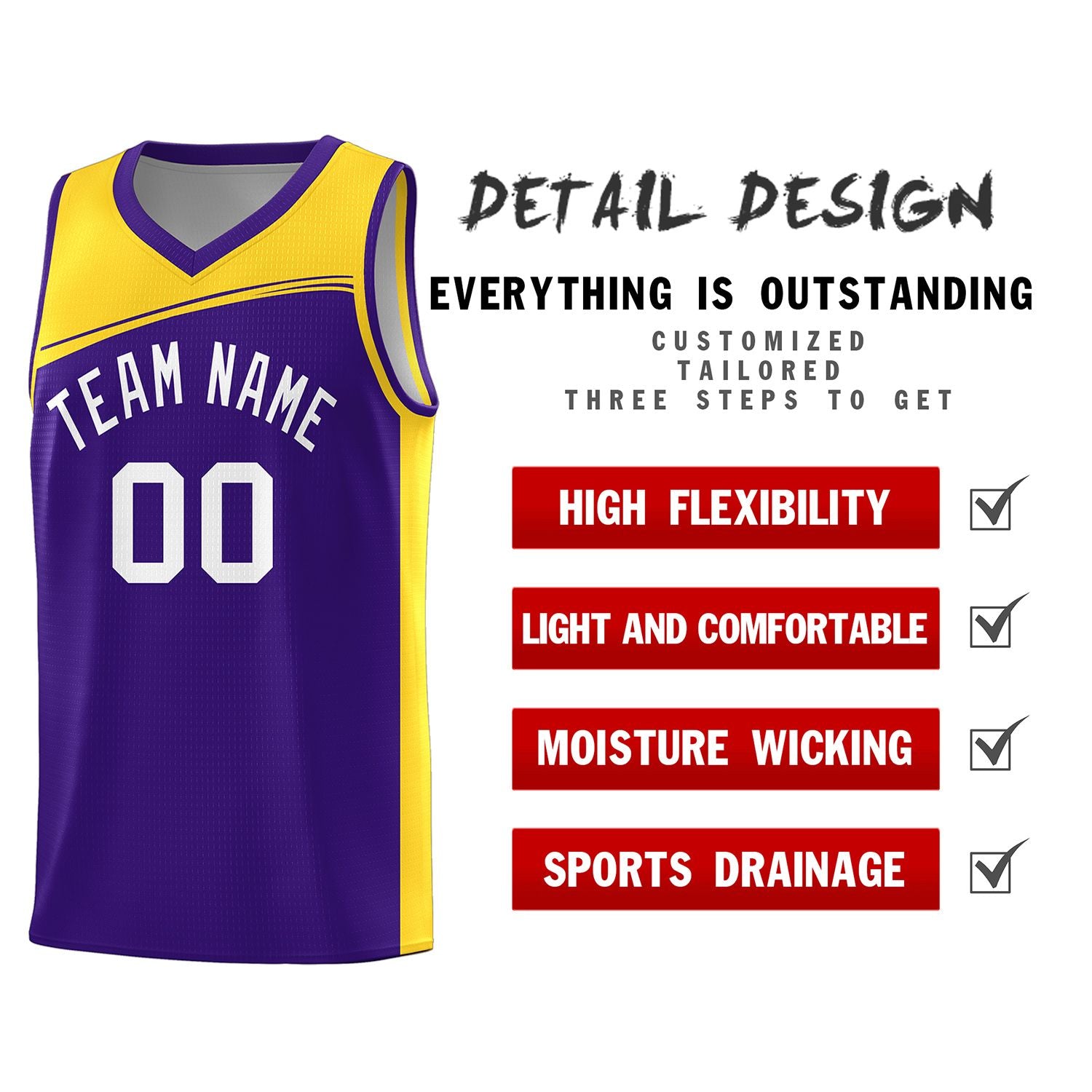 Custom Purple Yellow-White Color Block Sports Uniform Basketball Jersey