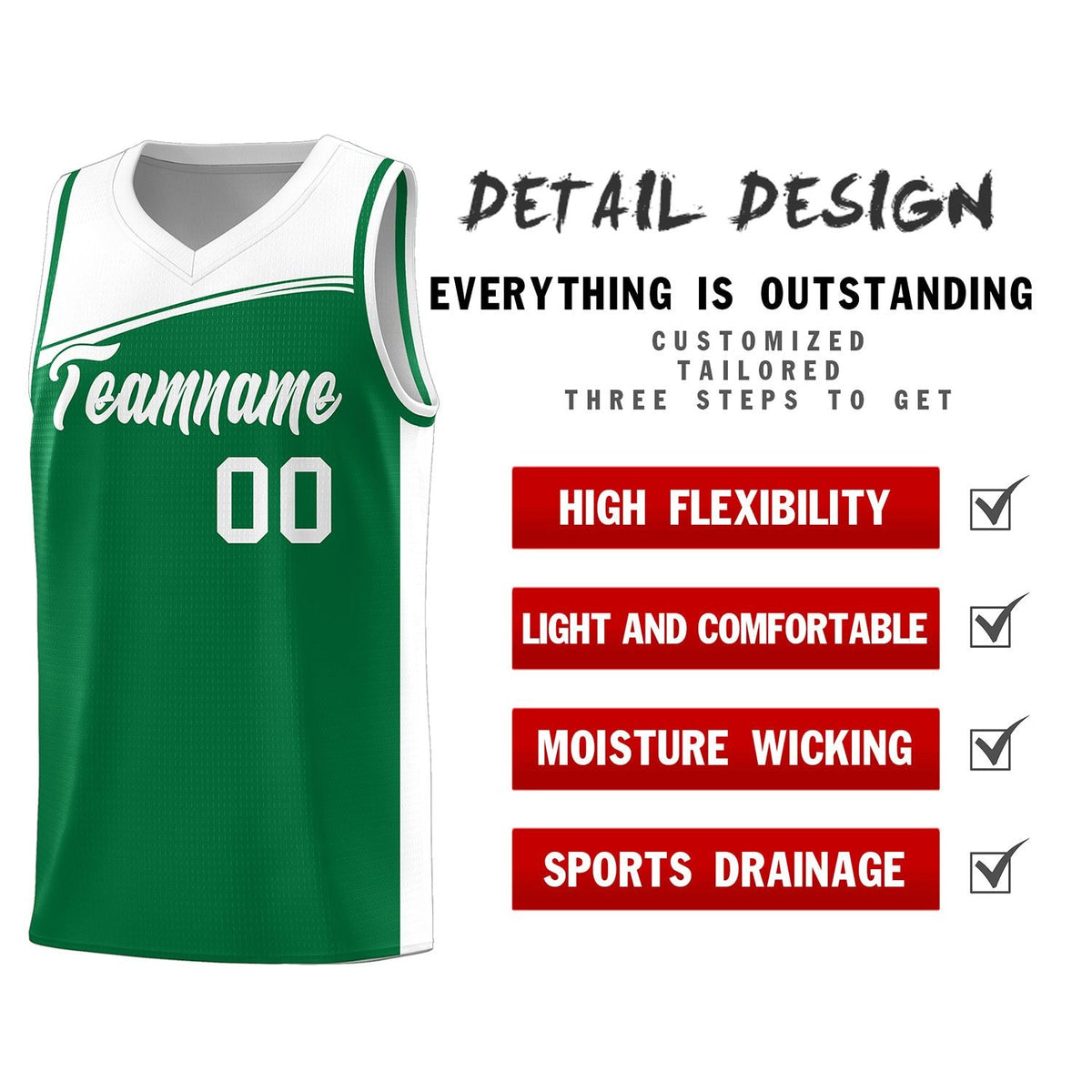 Custom Kelly Green White Color Block Sports Uniform Basketball Jersey