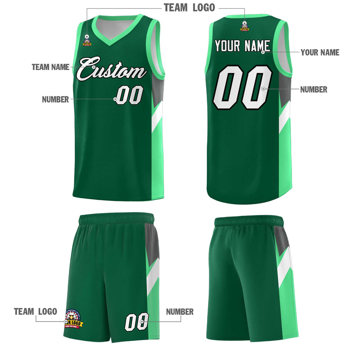 Custom Kelly Green Bright Green Side Design Sets Sports Uniform Basketball Jersey