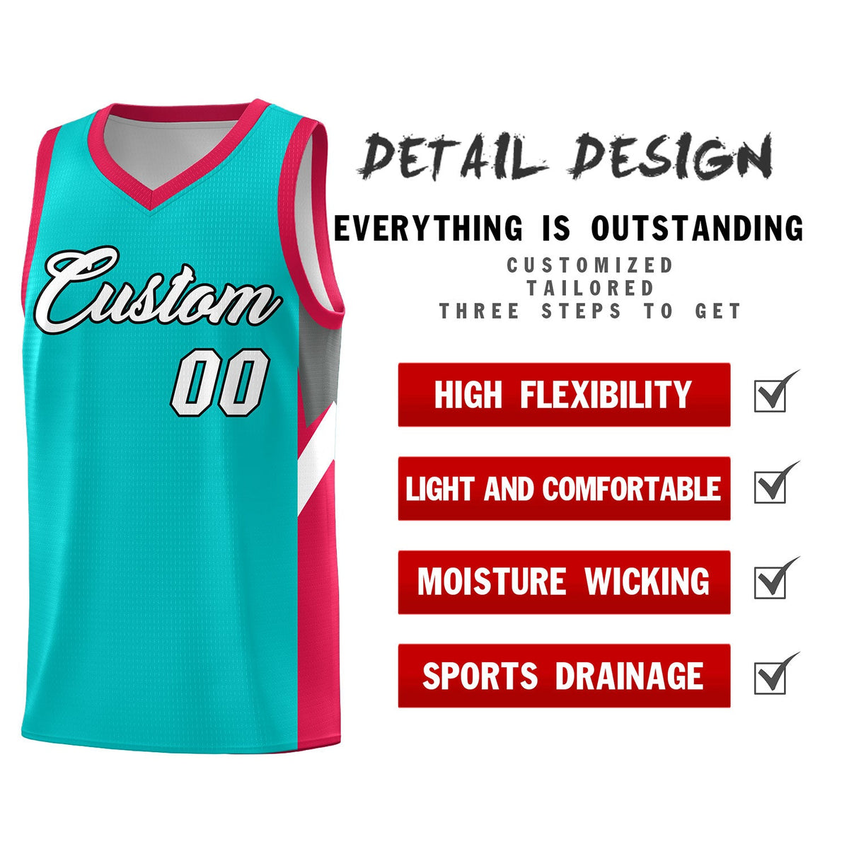 Custom Aqua Red Side Design Sets Sports Uniform Basketball Jersey