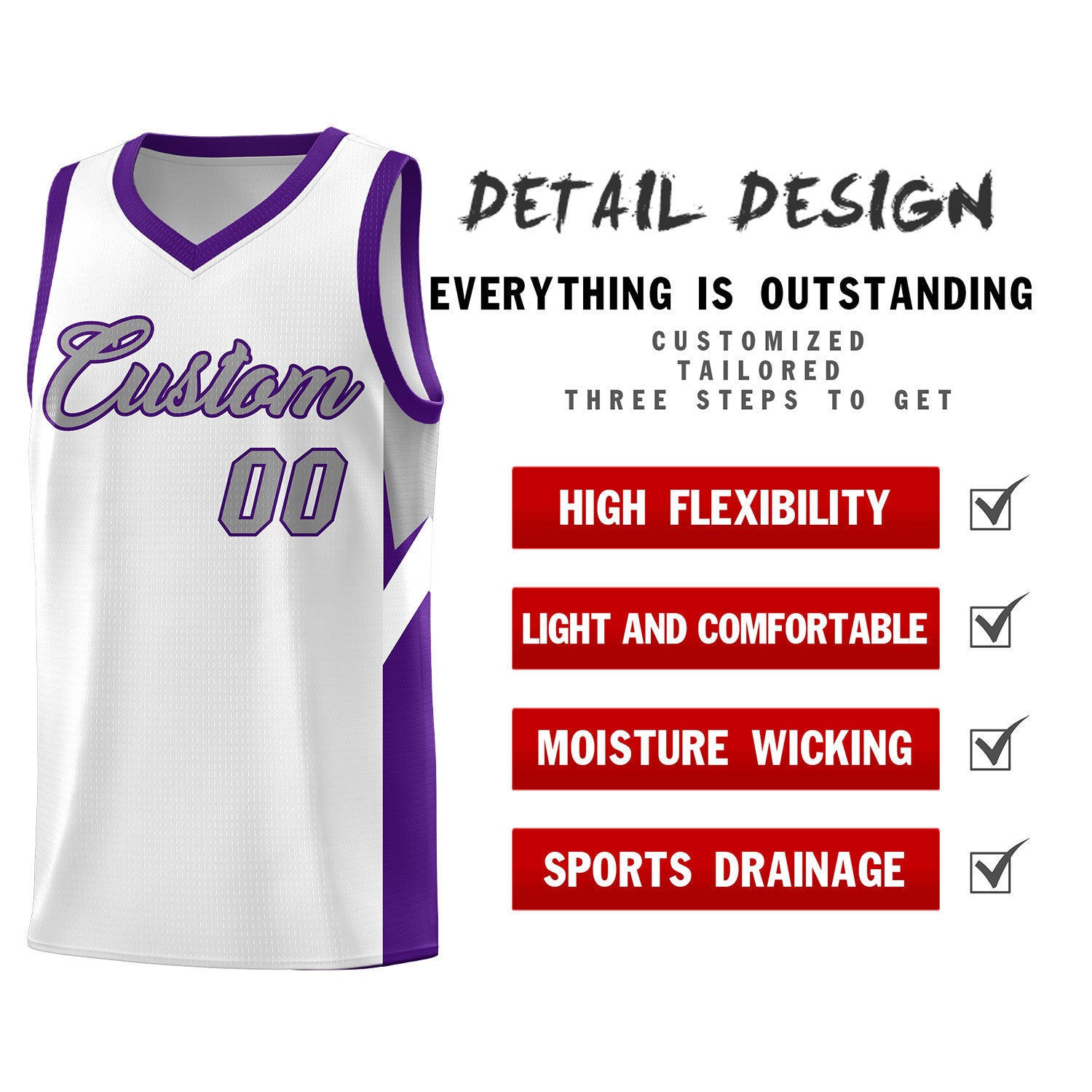 Custom White Purple Side Design Sets Sports Uniform Basketball Jersey