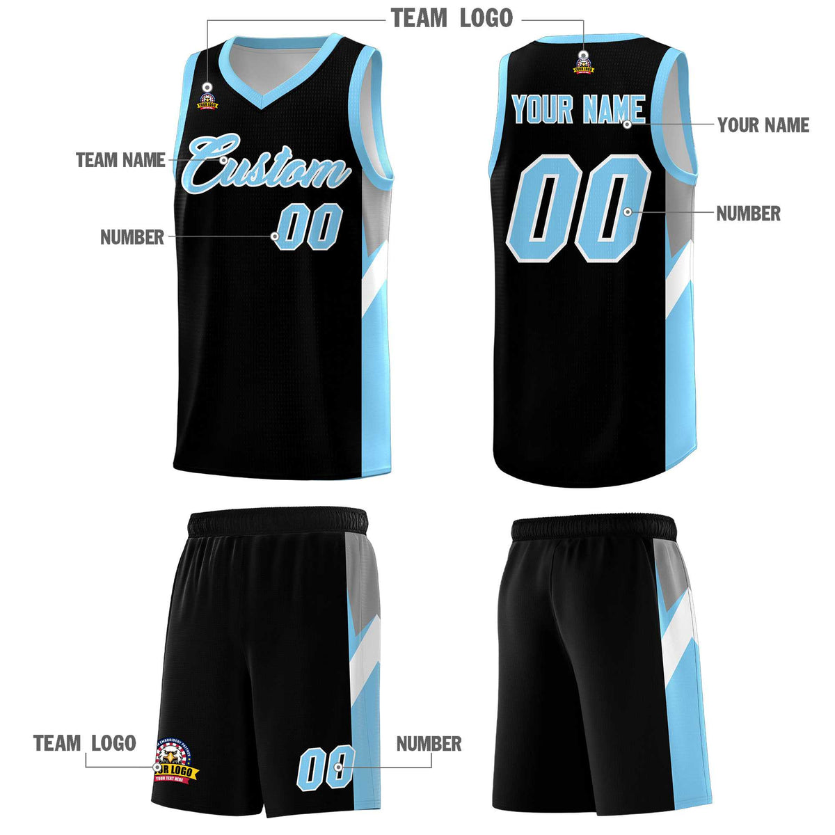 Custom Black Light Blue Side Design Sets Sports Uniform Basketball Jersey
