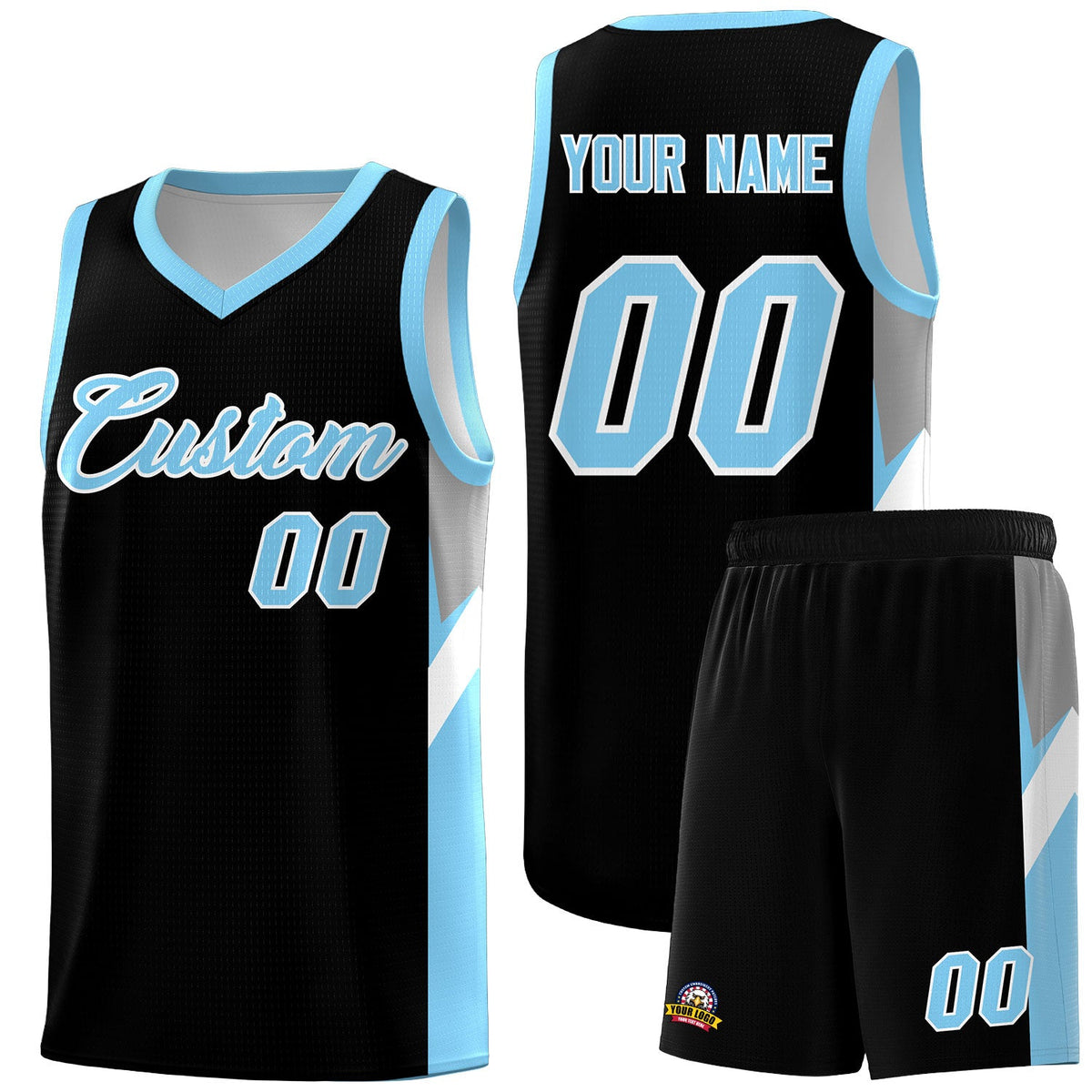Custom Black Light Blue Side Design Sets Sports Uniform Basketball Jersey