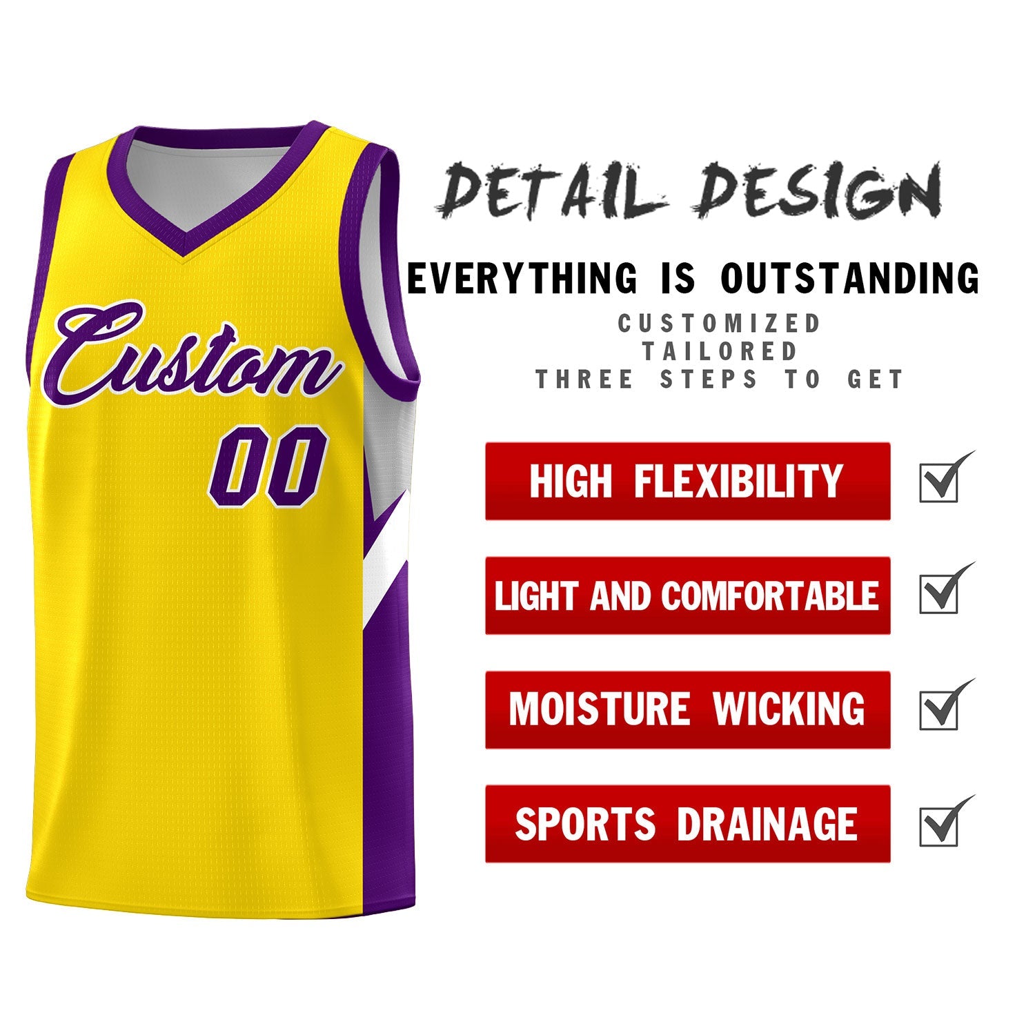 Custom Gold Purple Side Design Sets Sports Uniform Basketball Jersey