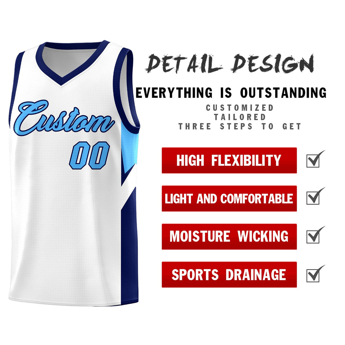 Custom White Navy Side Design Sets Sports Uniform Basketball Jersey