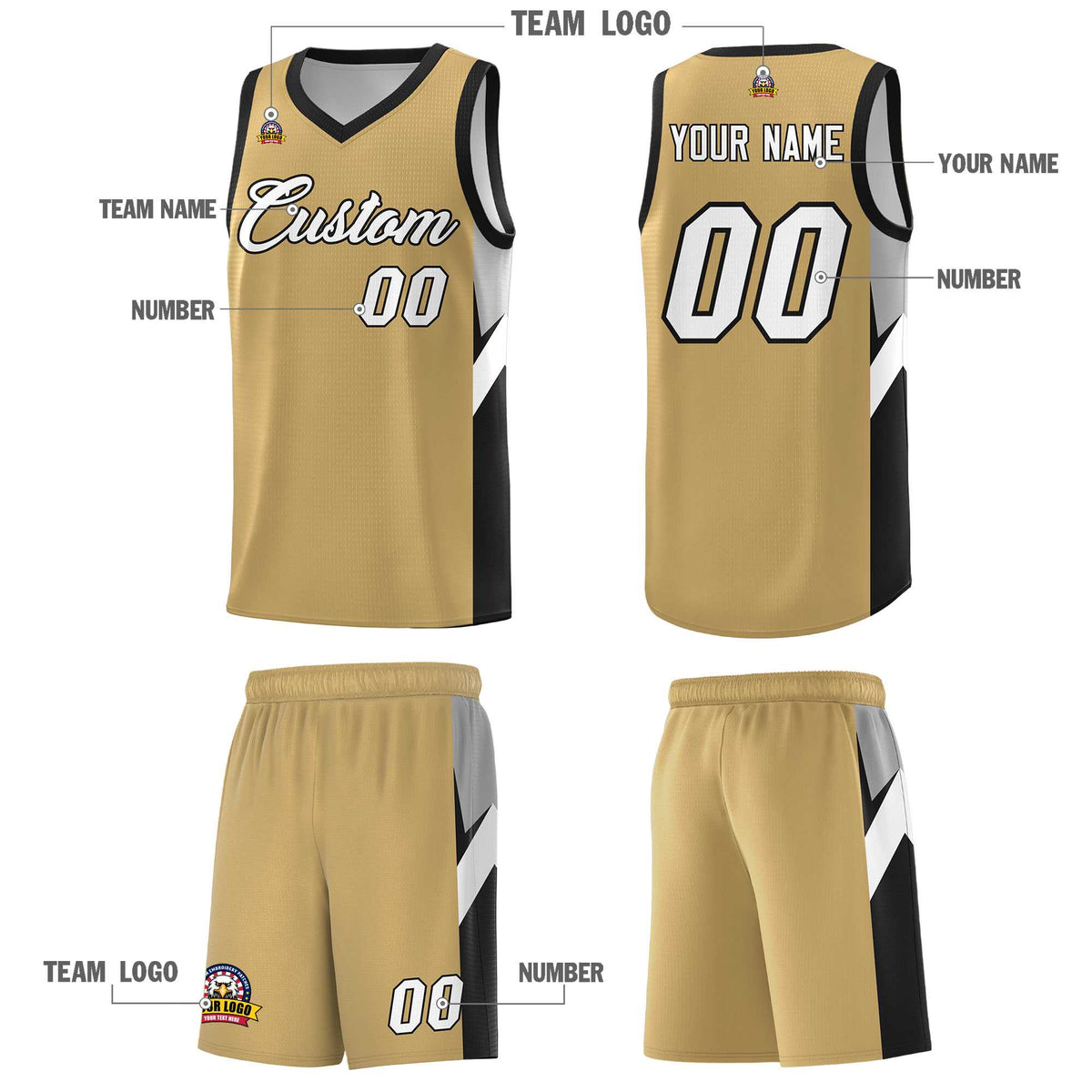 Custom Old Gold Black Side Design Sets Sports Uniform Basketball Jersey