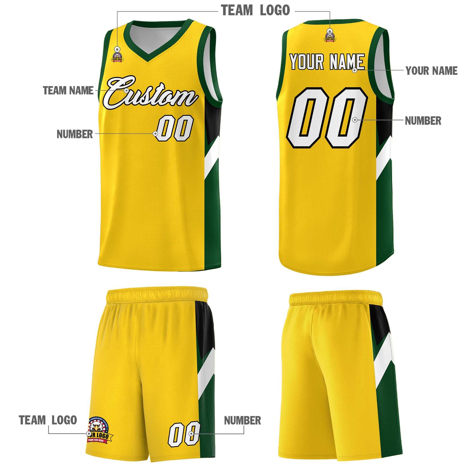 Custom Gold Hunter Green Side Design Sets Sports Uniform Basketball Jersey
