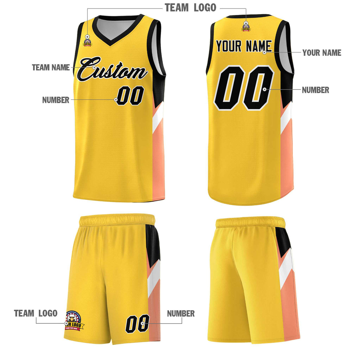 Custom Gold Black Side Design Sets Sports Uniform Basketball Jersey