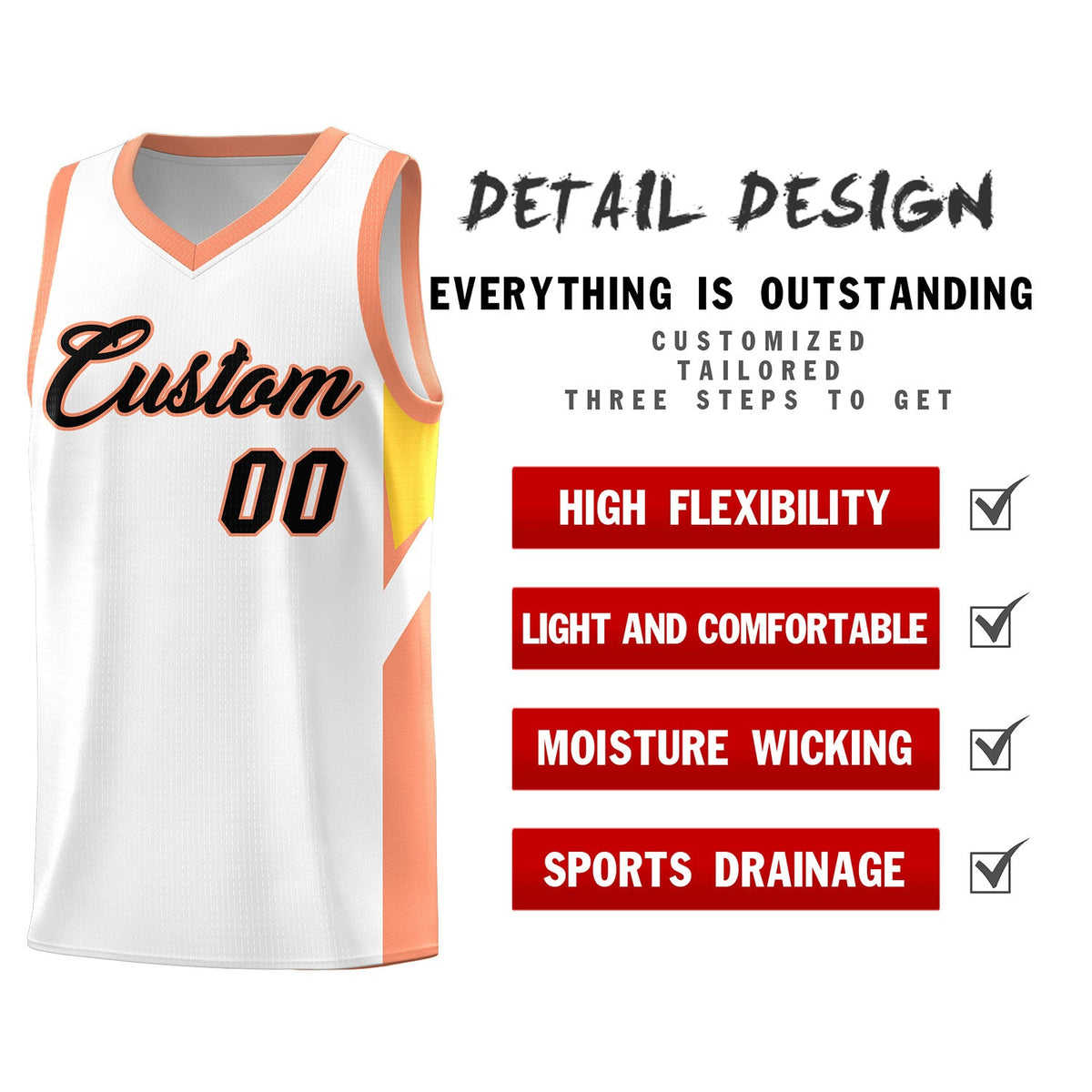 Custom White Orange Side Design Sets Sports Uniform Basketball Jersey