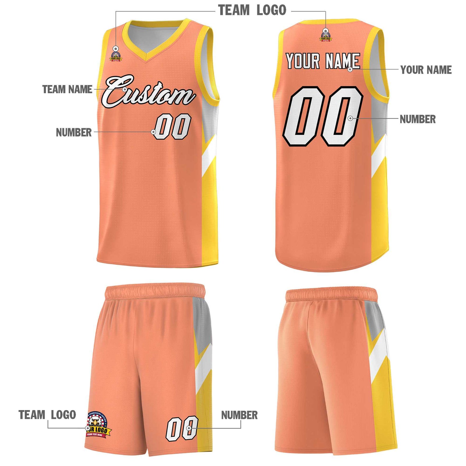Custom Orange Gold Side Design Sets Sports Uniform Basketball Jersey