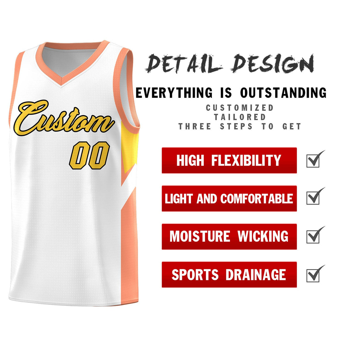 Custom White Orange Side Design Sets Sports Uniform Basketball Jersey