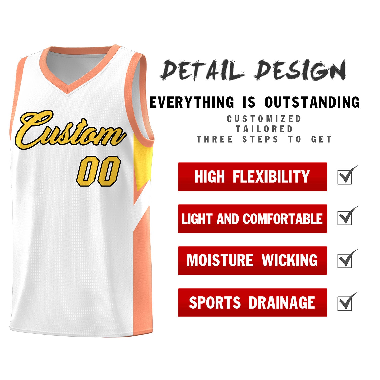 Custom White Orange Side Design Sets Sports Uniform Basketball Jersey