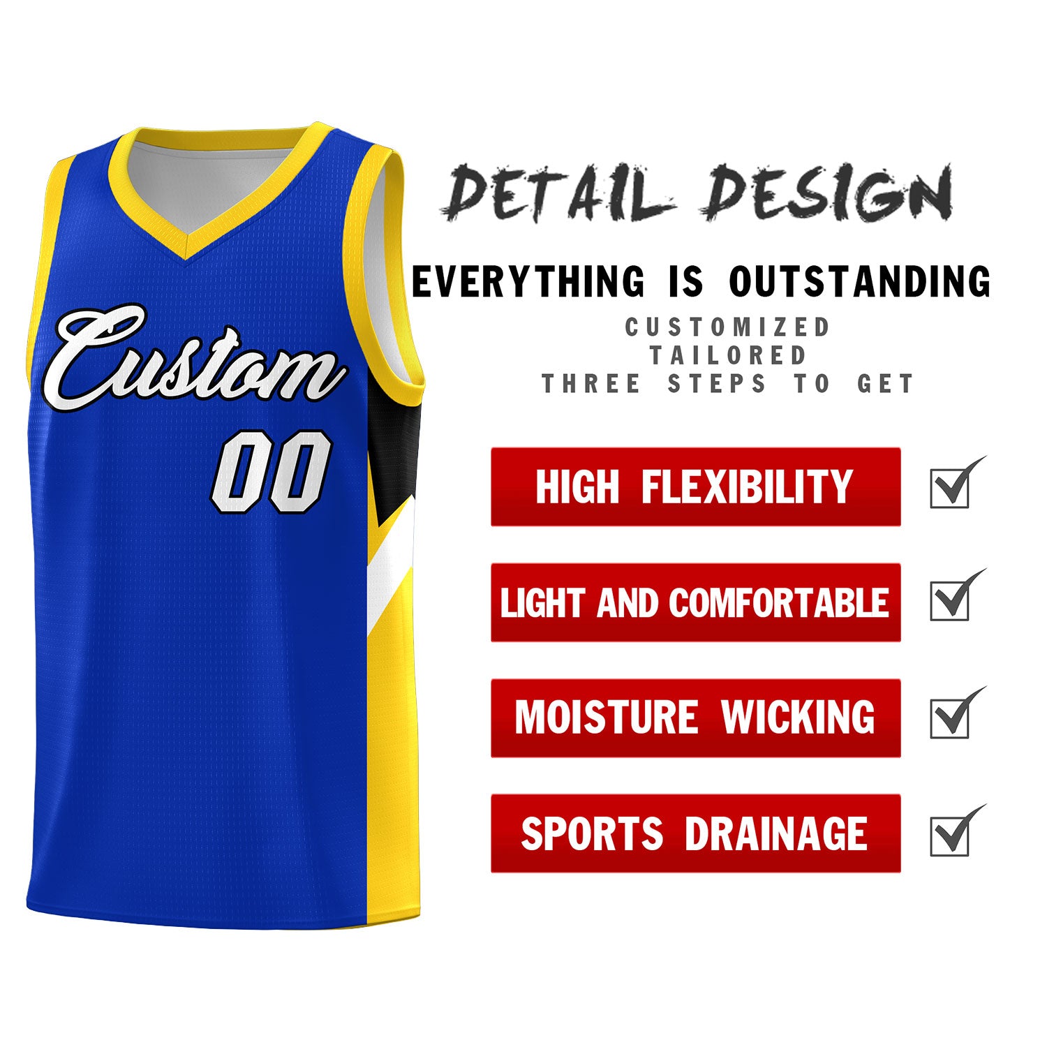 Custom Royal Gold Side Design Sets Sports Uniform Basketball Jersey