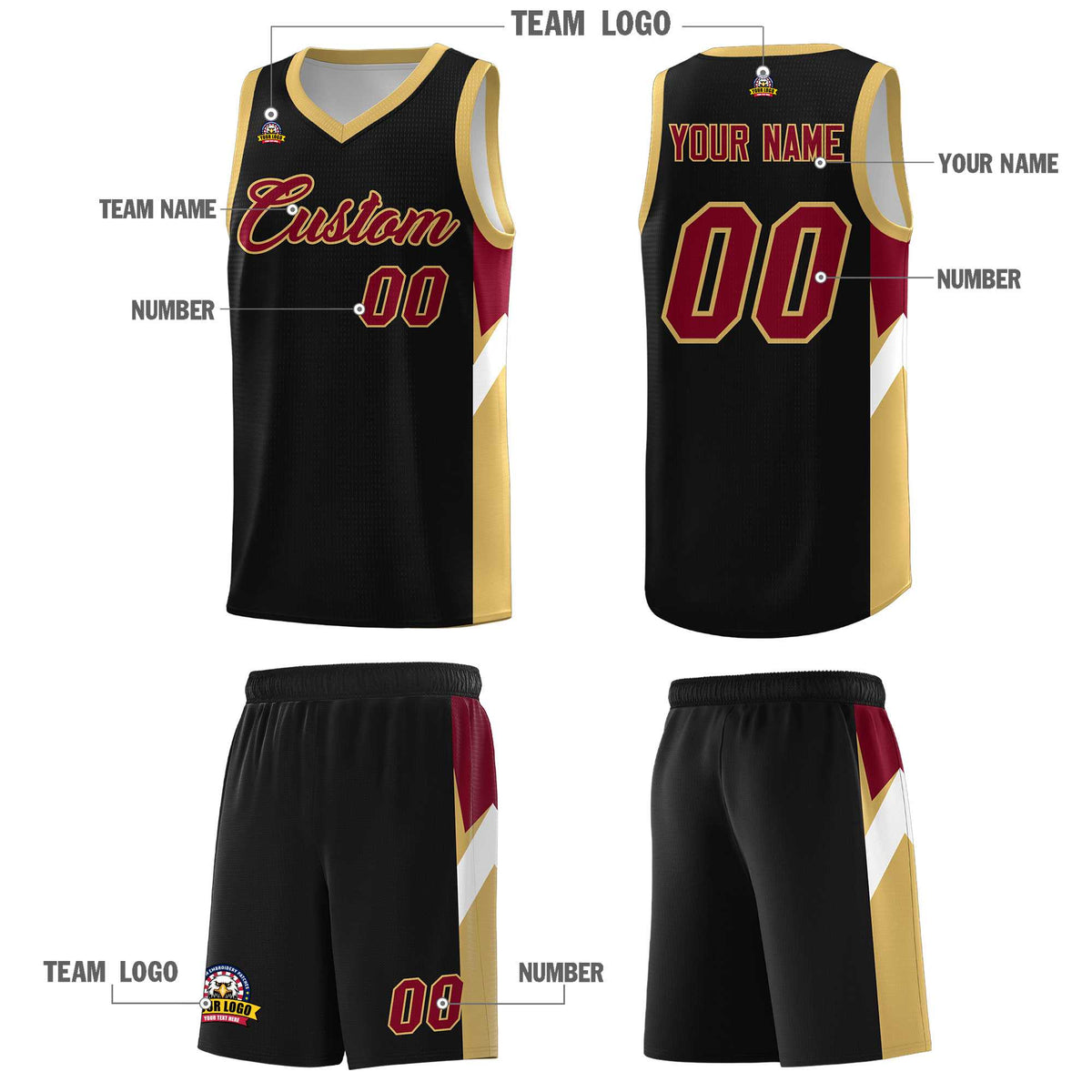 Custom Black Old Gold Side Design Sets Sports Uniform Basketball Jersey