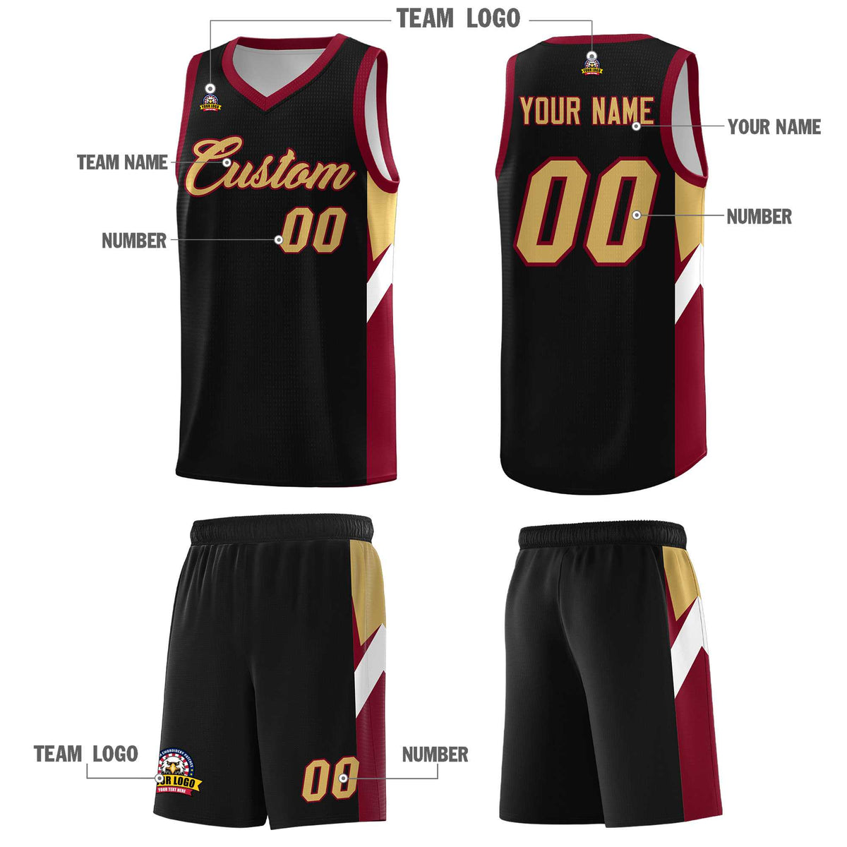 Custom Black Crimson Side Design Sets Sports Uniform Basketball Jersey