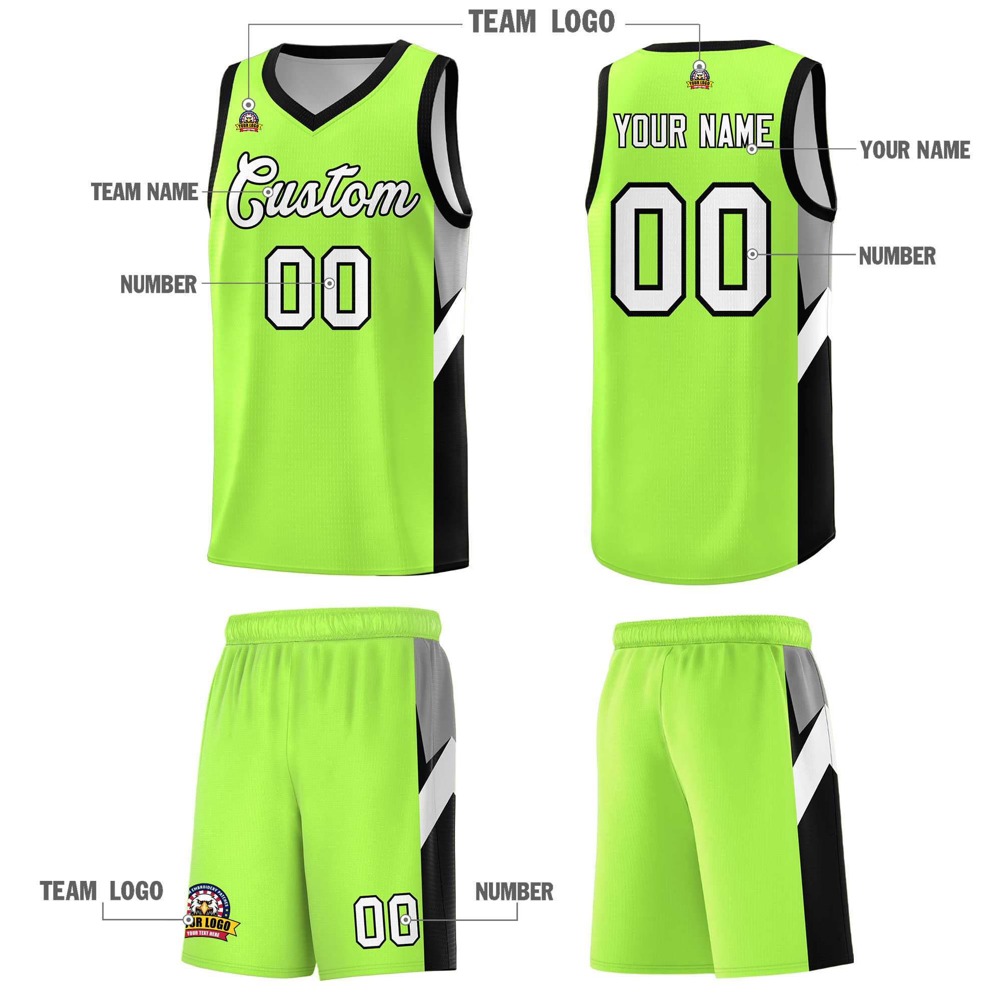 Custom Fluorescent Green Black Side Design Sets Sports Uniform Basketball Jersey