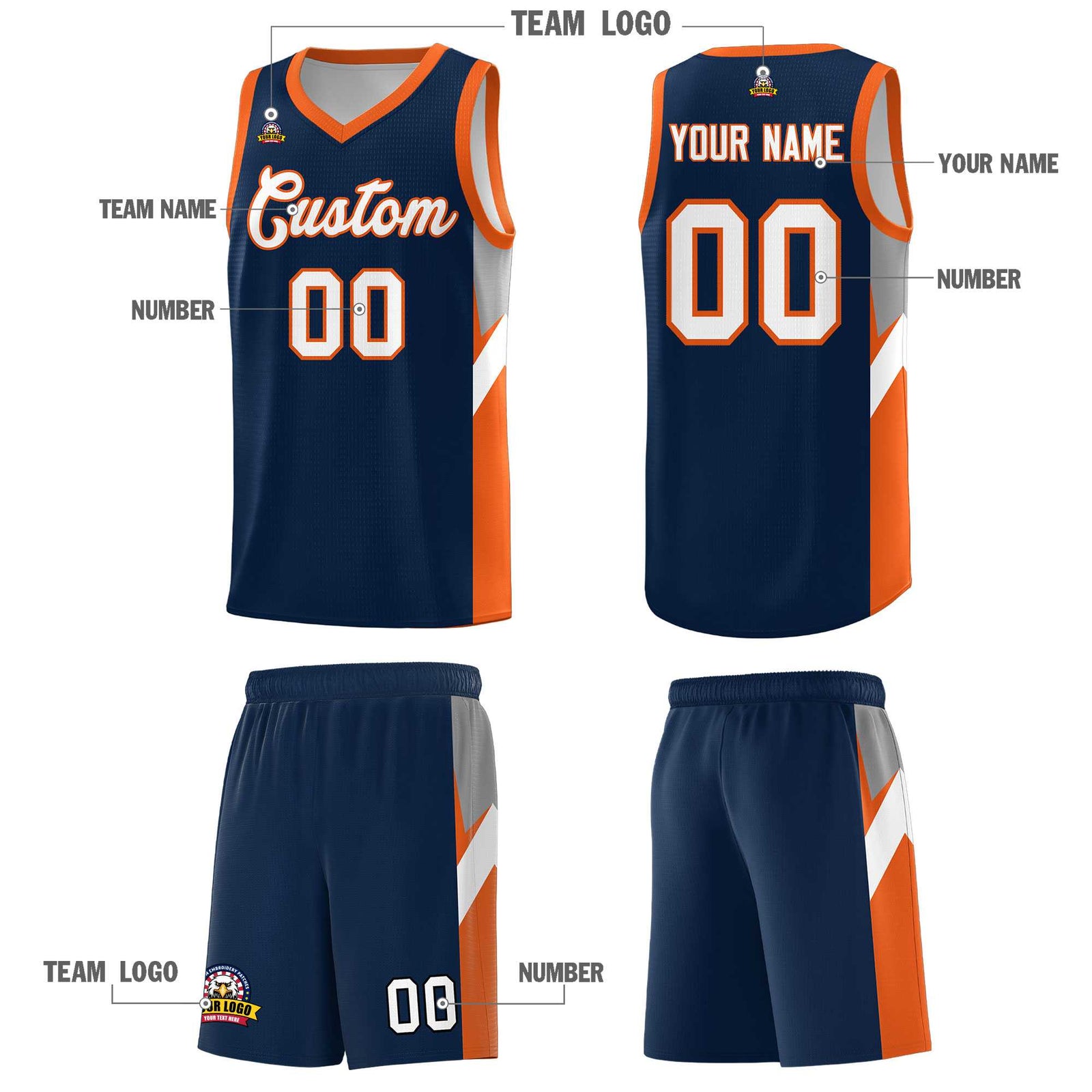 Custom Navy Orange Side Design Sets Sports Uniform Basketball Jersey