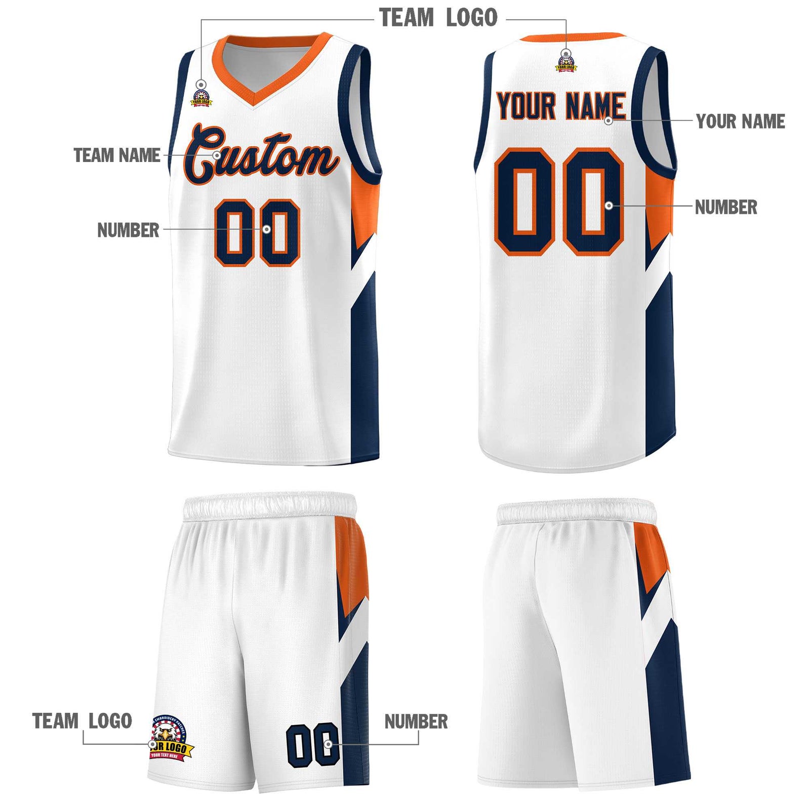 Custom White Orange Side Design Sets Sports Uniform Basketball Jersey