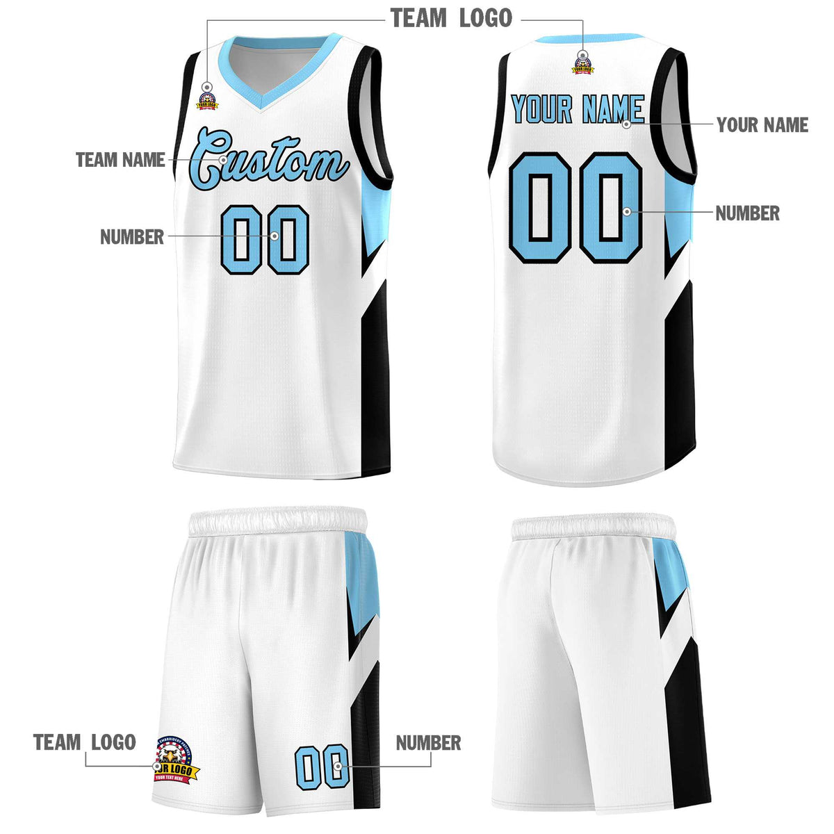 Custom White Light Blue Side Design Sets Sports Uniform Basketball Jersey