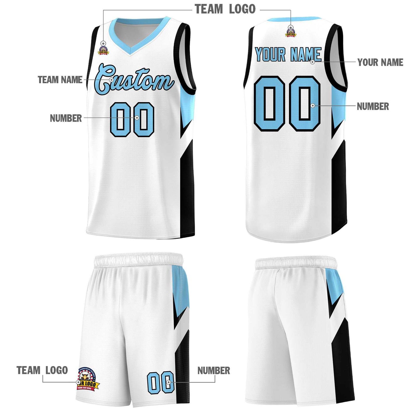 Custom White Light Blue Side Design Sets Sports Uniform Basketball Jersey