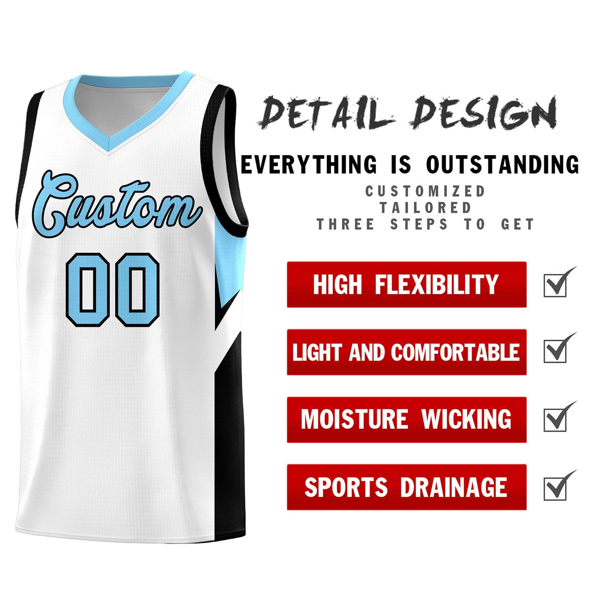 Custom White Light Blue Side Design Sets Sports Uniform Basketball Jersey