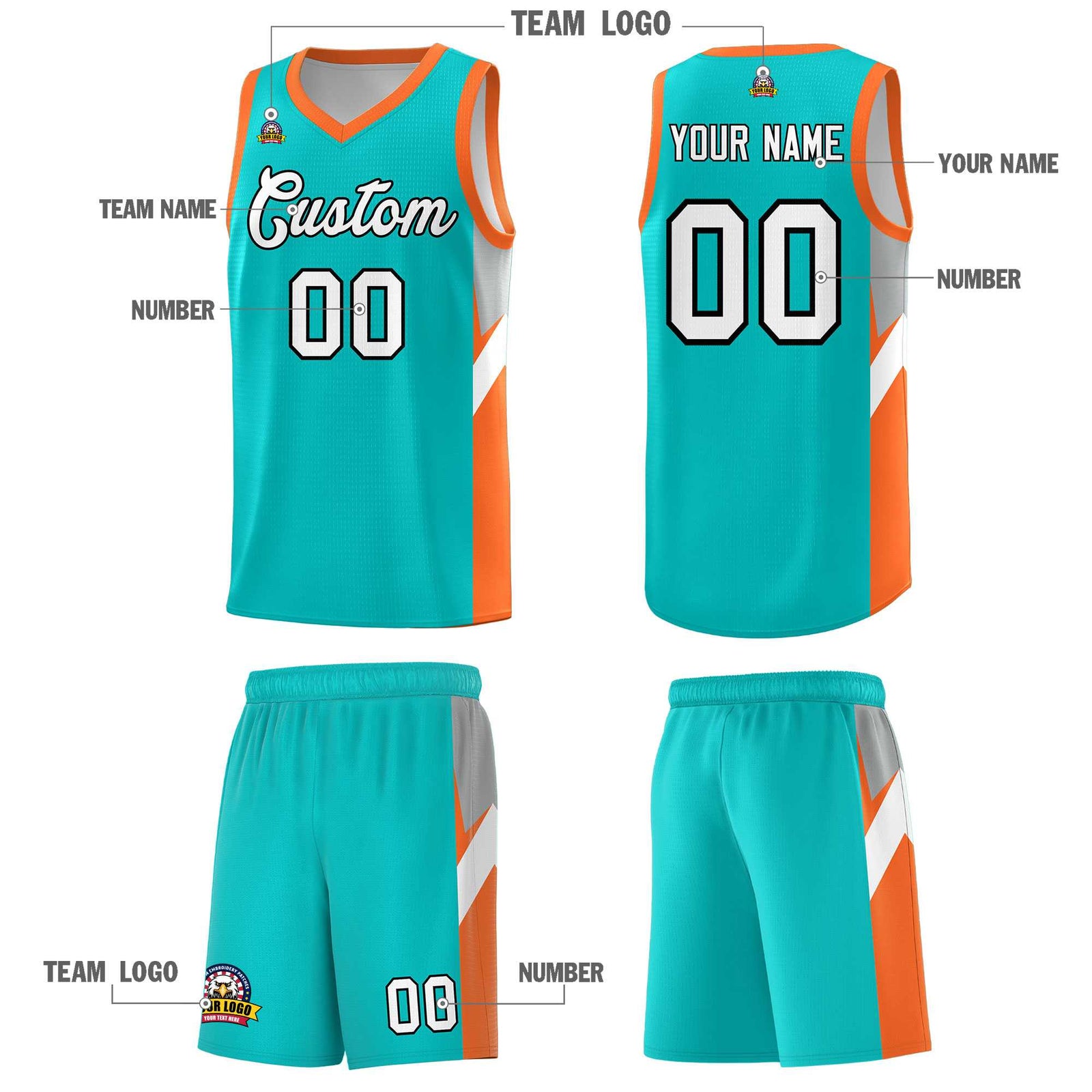 Custom Aqua Orange Side Design Sets Sports Uniform Basketball Jersey
