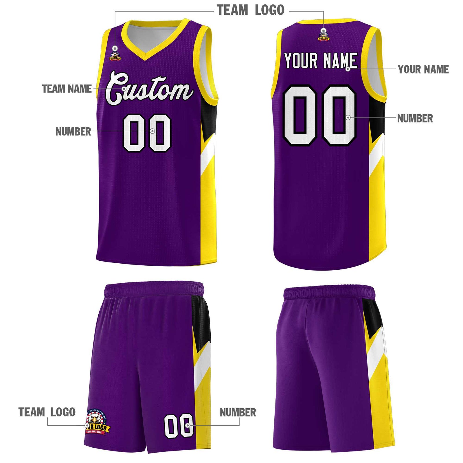 Custom Purple Gold Side Design Sets Sports Uniform Basketball Jersey
