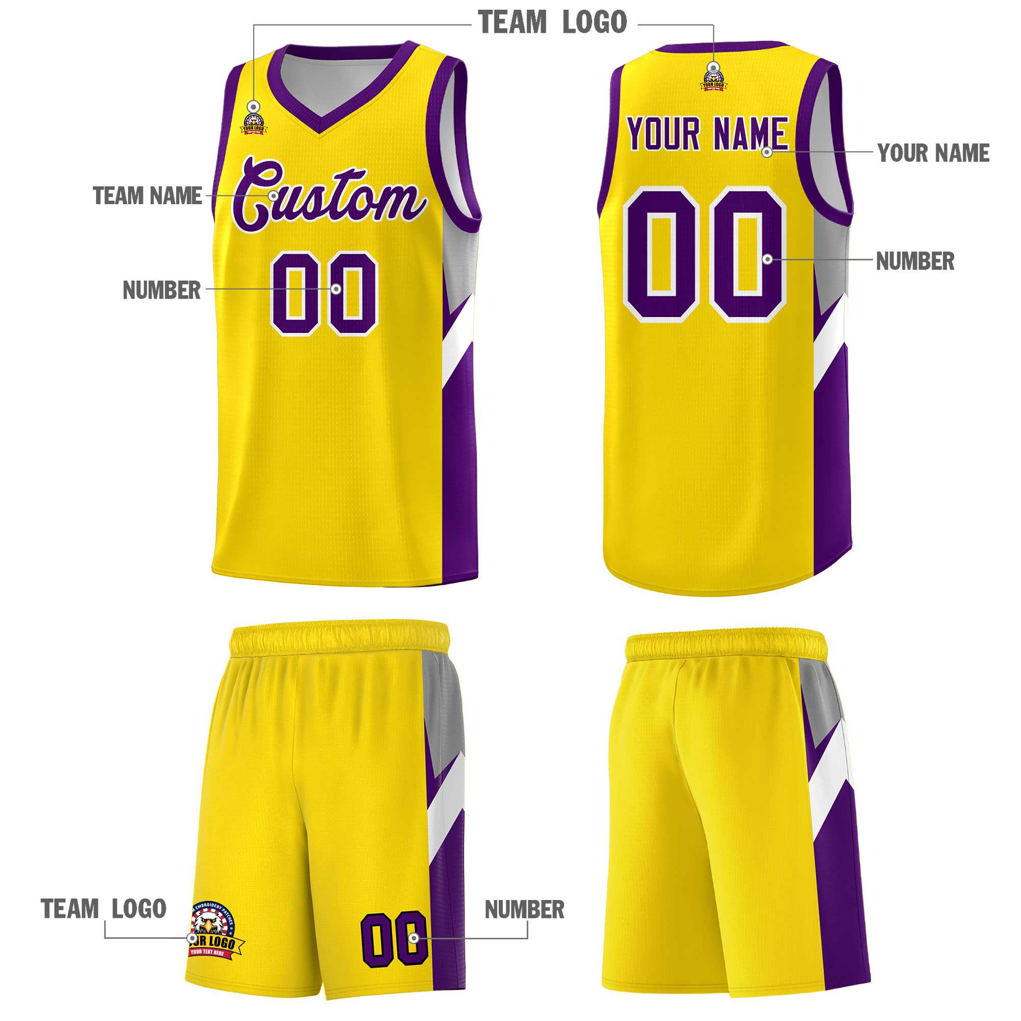 Custom Gold Purple Side Design Sets Sports Uniform Basketball Jersey