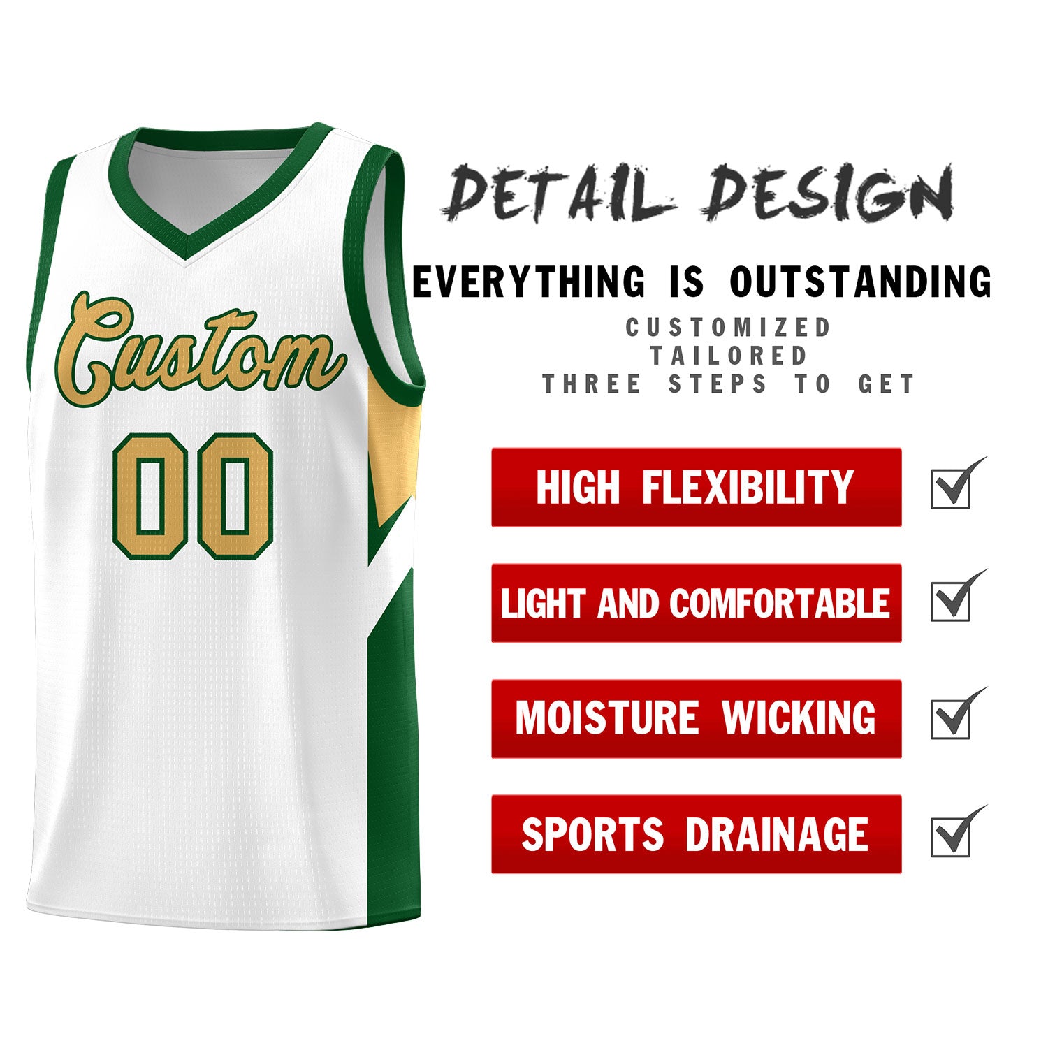 Custom White Green Side Design Sets Sports Uniform Basketball Jersey