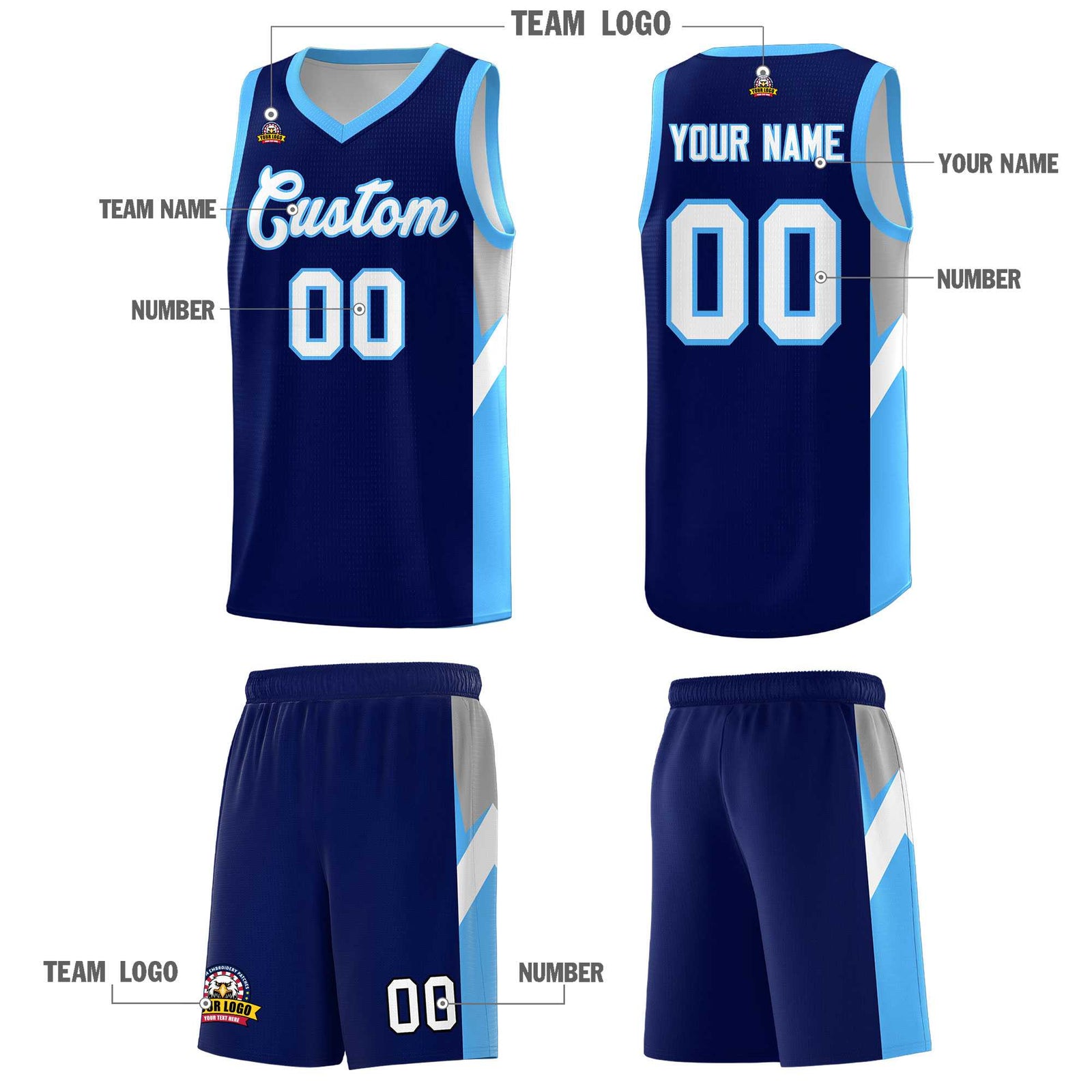 Custom Navy Powder Blue Side Design Sets Sports Uniform Basketball Jersey