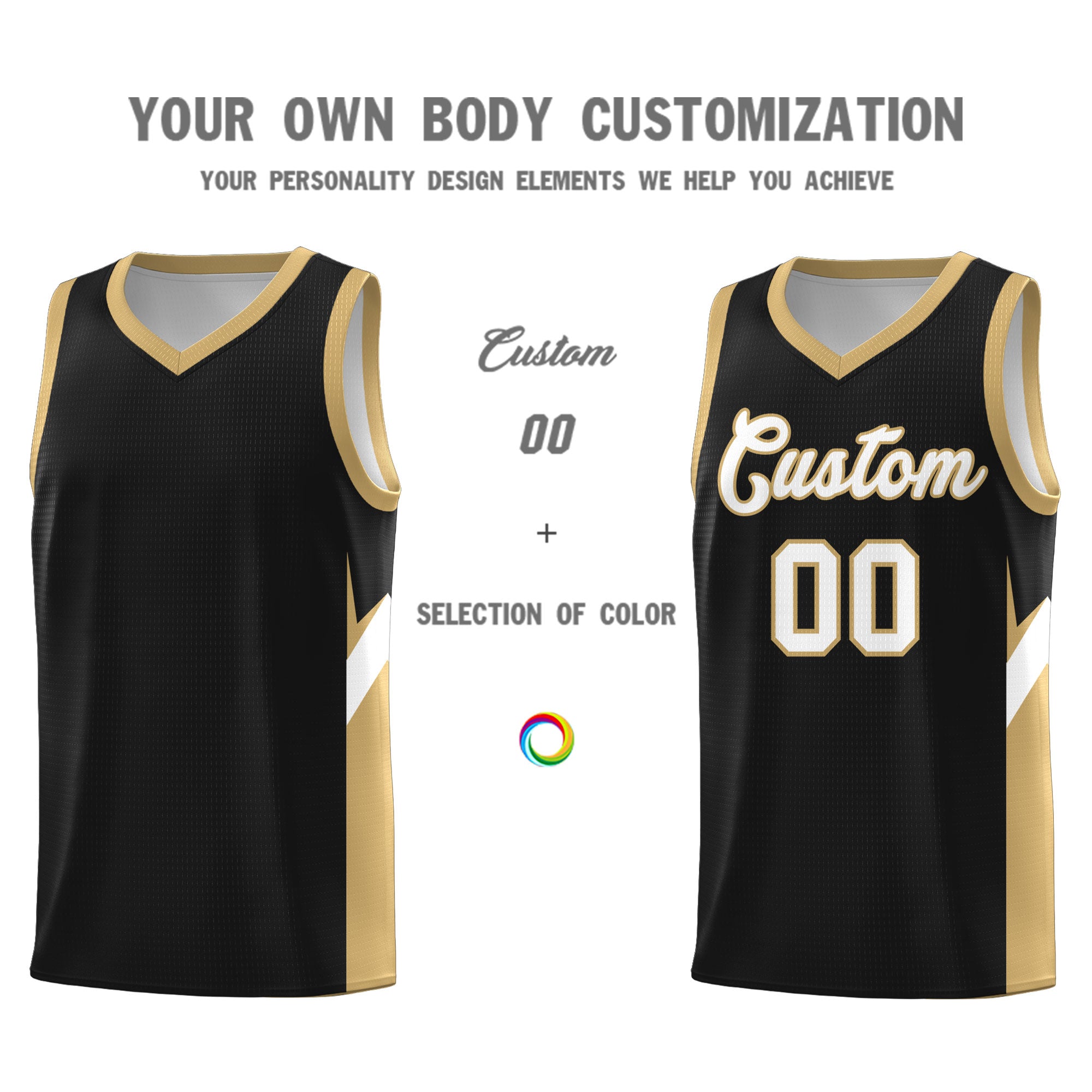 Custom Black Old Gold Side Design Sets Sports Uniform Basketball Jersey