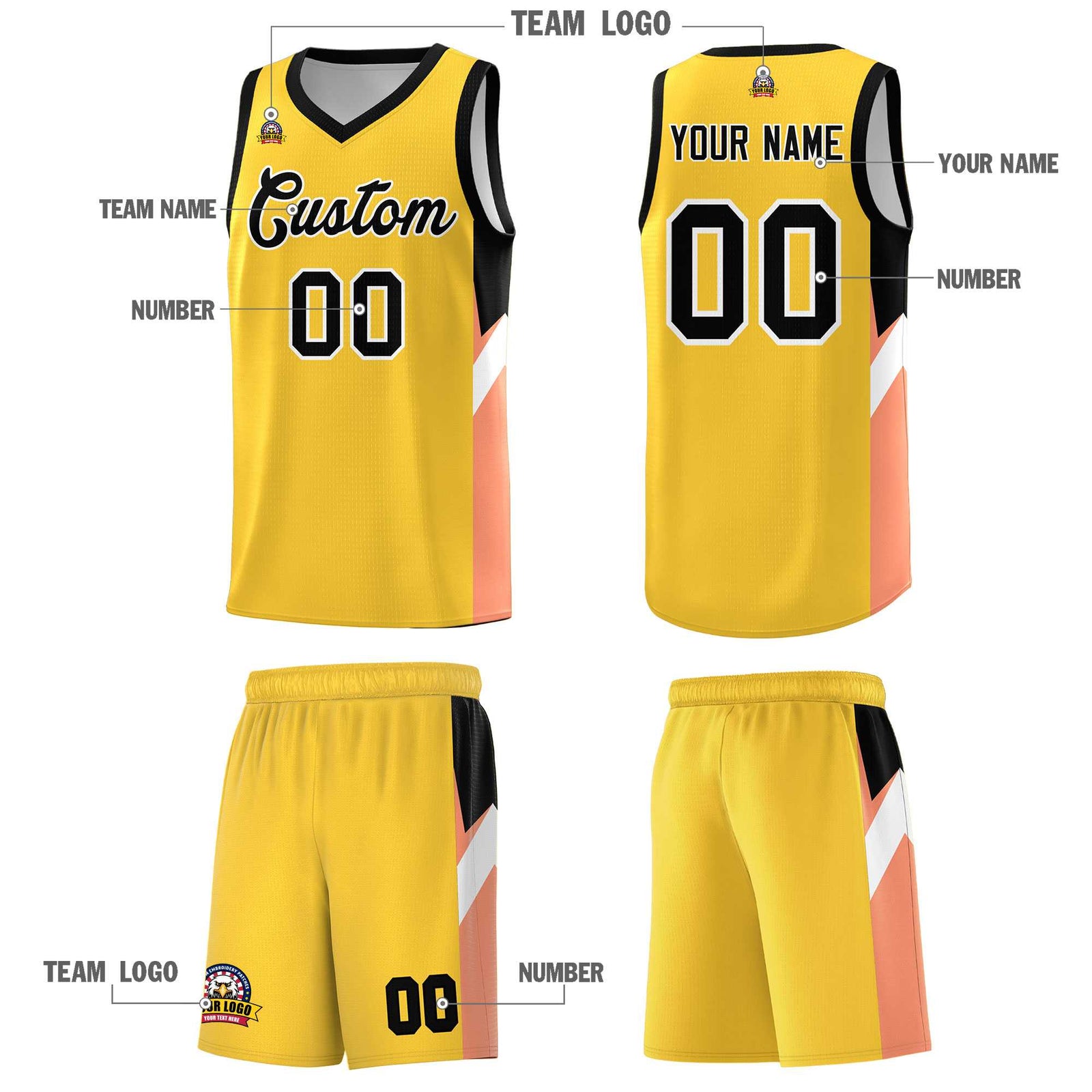 Custom Gold Black Side Design Sets Sports Uniform Basketball Jersey