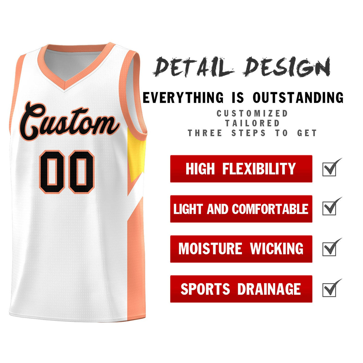 Custom White Orange Side Design Sets Sports Uniform Basketball Jersey