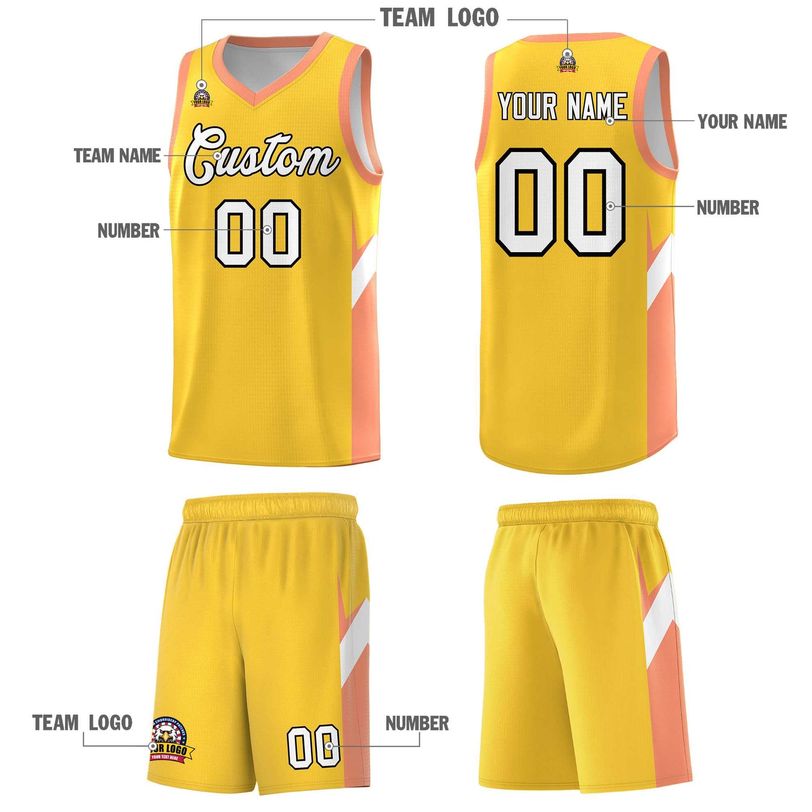 Custom Gold Orange Side Design Sets Sports Uniform Basketball Jersey
