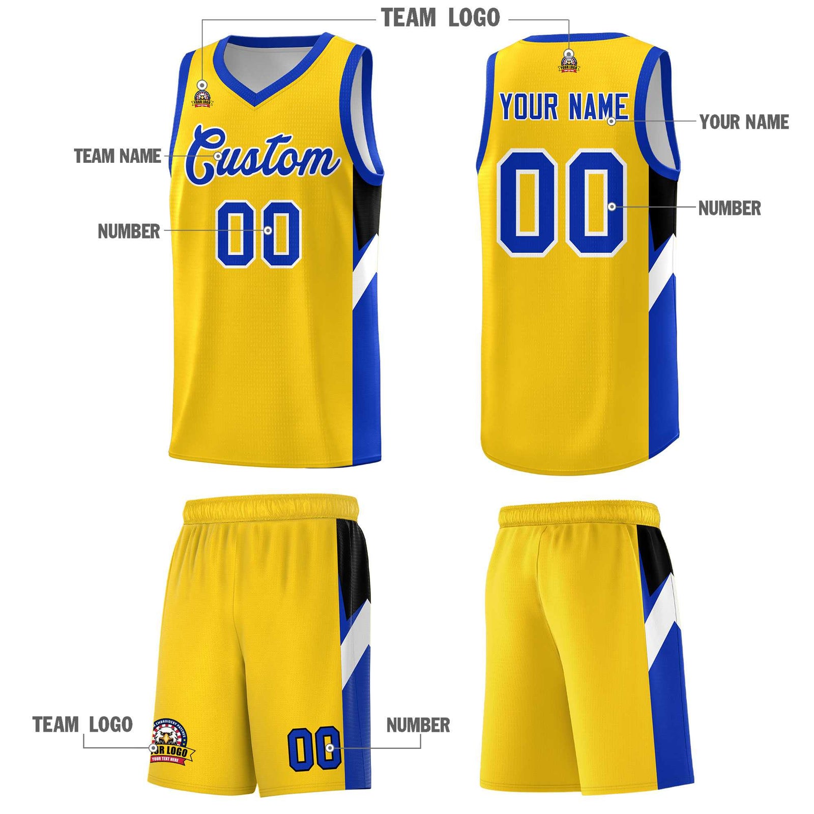 Custom Gold Royal Side Design Sets Sports Uniform Basketball Jersey
