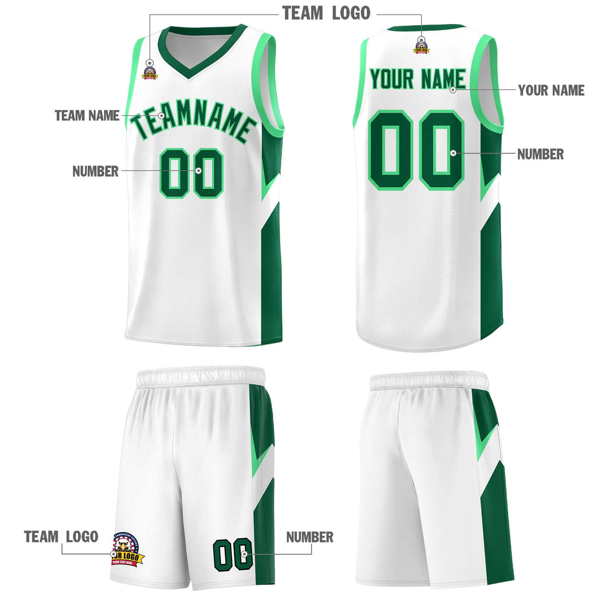 Custom White Kelly Green Side Design Sets Sports Uniform Basketball Jersey
