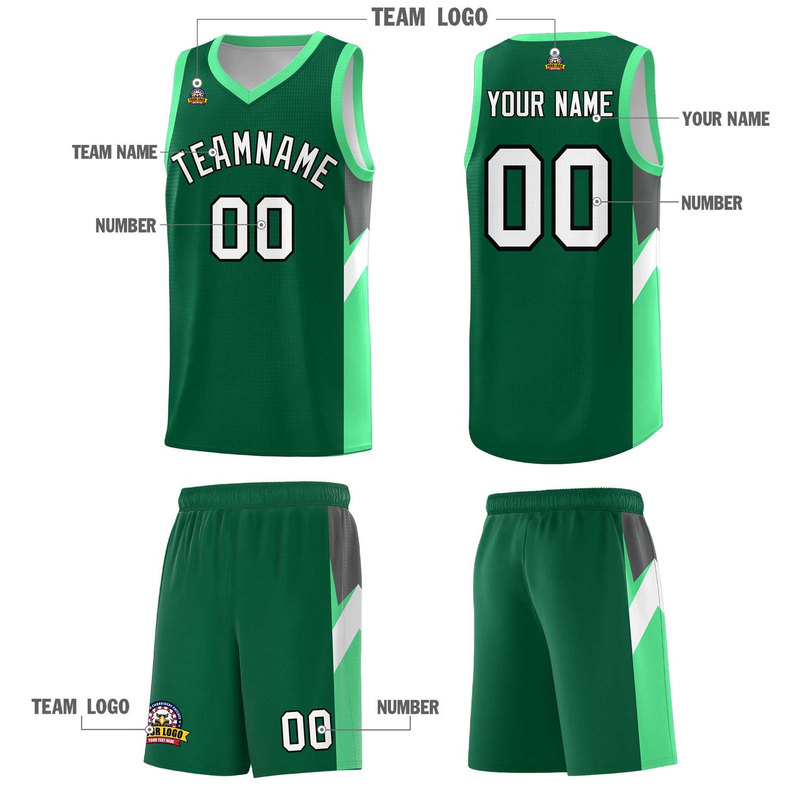 Custom Kelly Green Bright Green Side Design Sets Sports Uniform Basketball Jersey