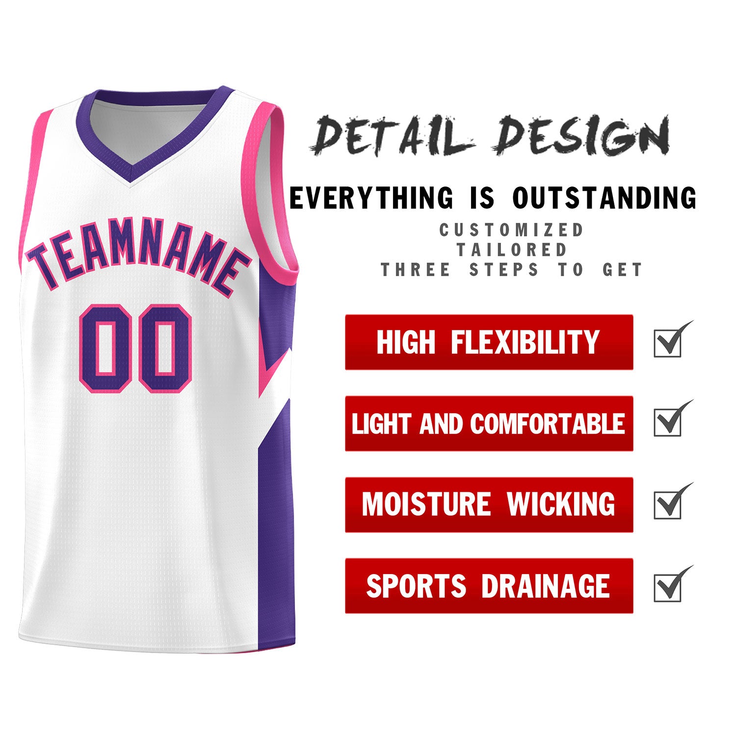 Custom White Purple Side Design Sets Sports Uniform Basketball Jersey