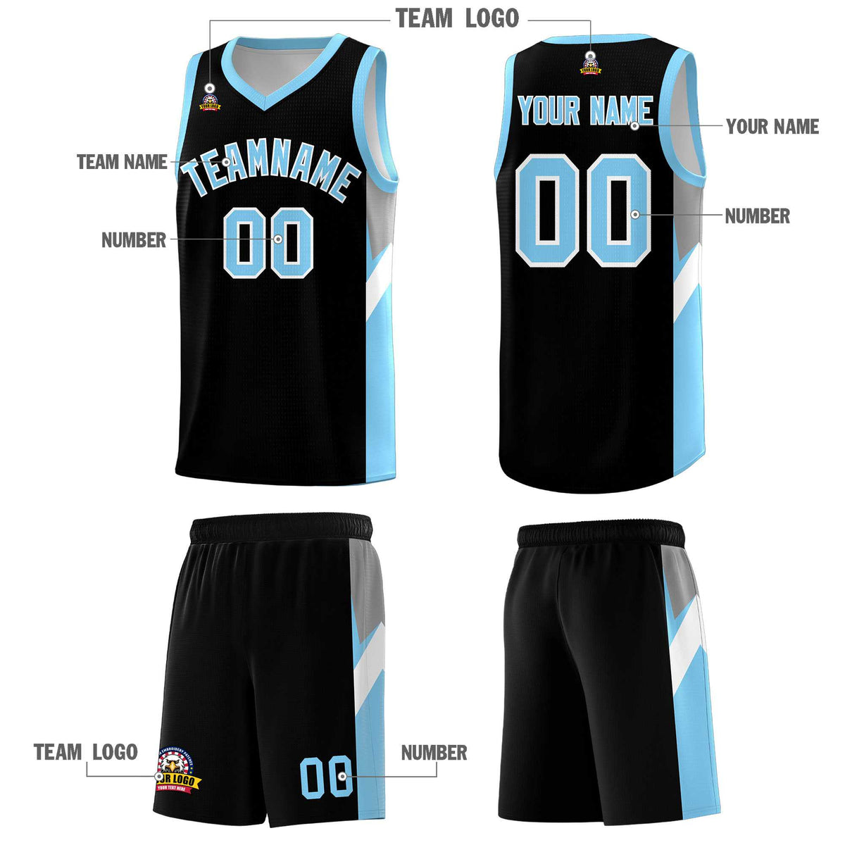 Custom Black Light Blue Side Design Sets Sports Uniform Basketball Jersey