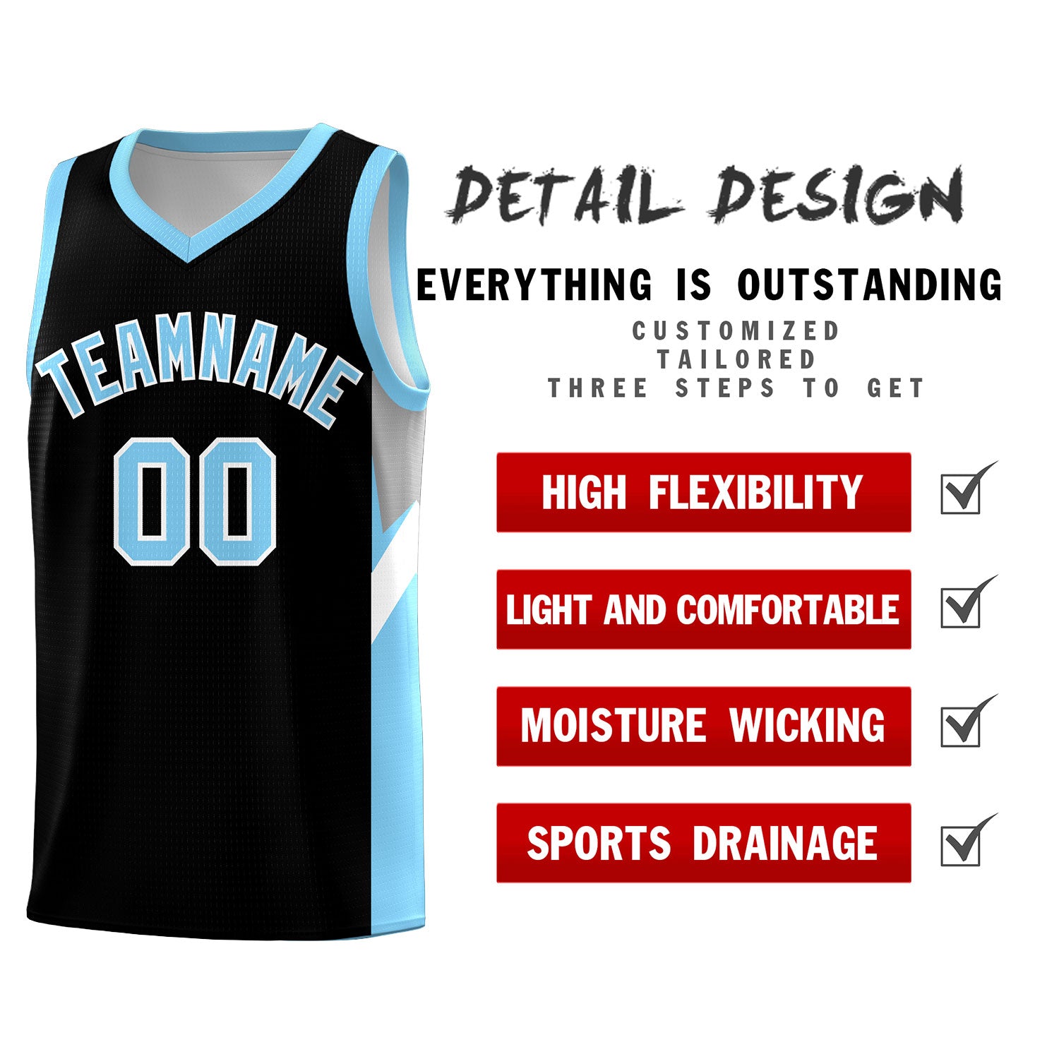 Custom Black Light Blue Side Design Sets Sports Uniform Basketball Jersey