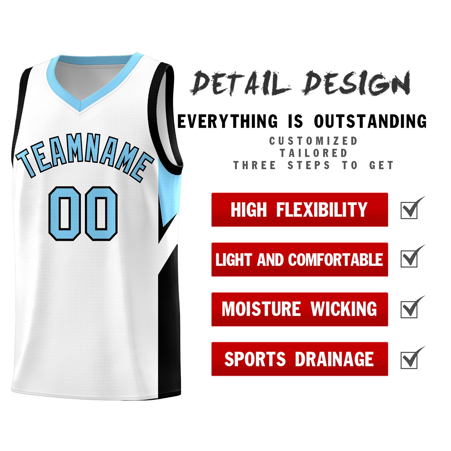 Custom White Light Blue Side Design Sets Sports Uniform Basketball Jersey