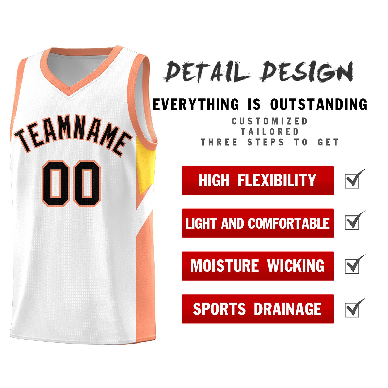 Custom White Orange Side Design Sets Sports Uniform Basketball Jersey