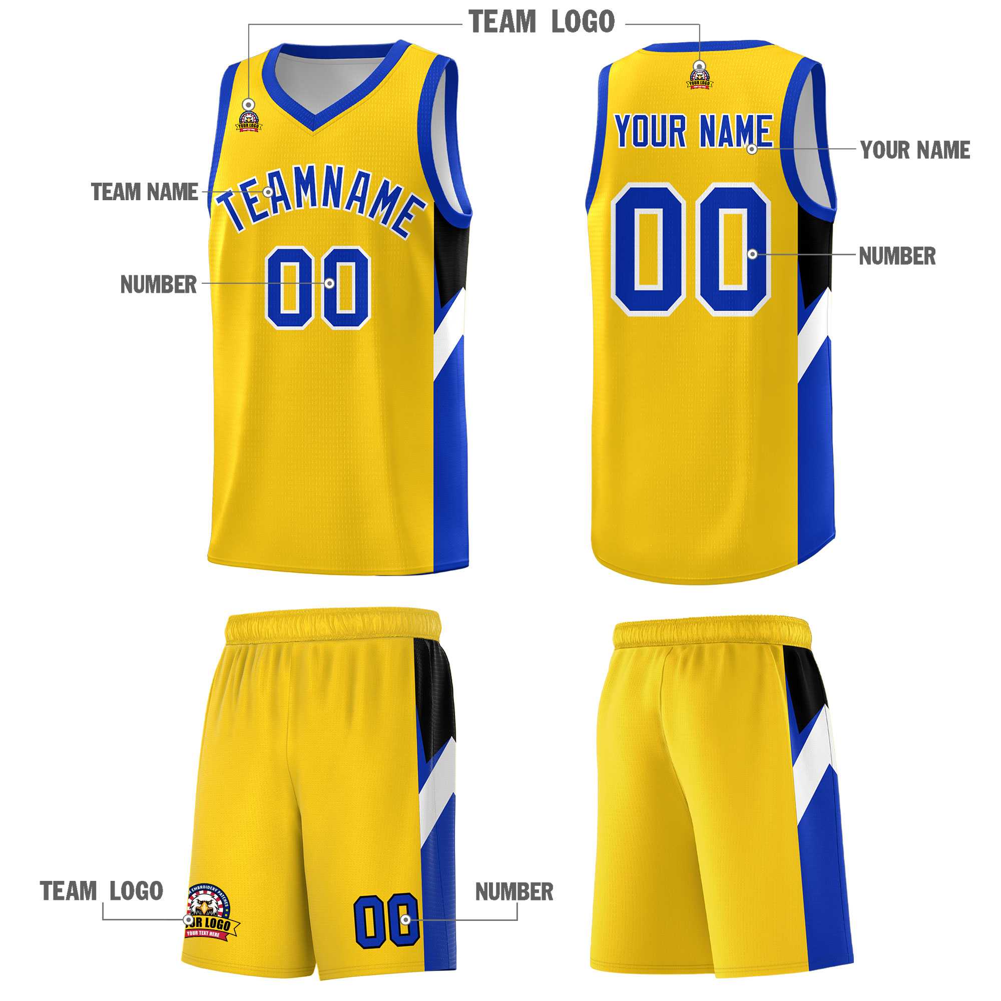 Custom Gold Royal Side Design Sets Sports Uniform Basketball Jersey