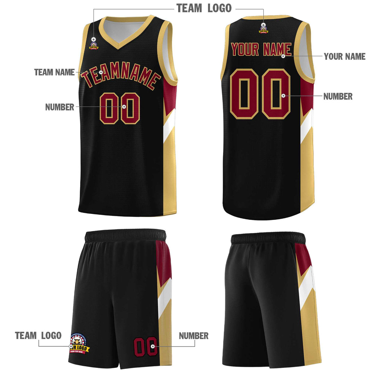 Custom Black Old Gold Side Design Sets Sports Uniform Basketball Jersey
