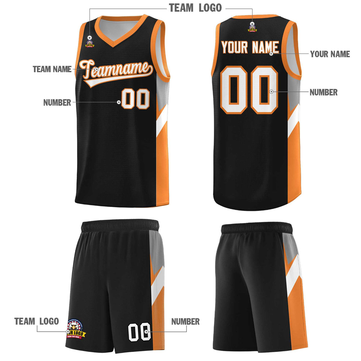 Custom Black Gold Orange Side Design Sets Sports Uniform Basketball Jersey