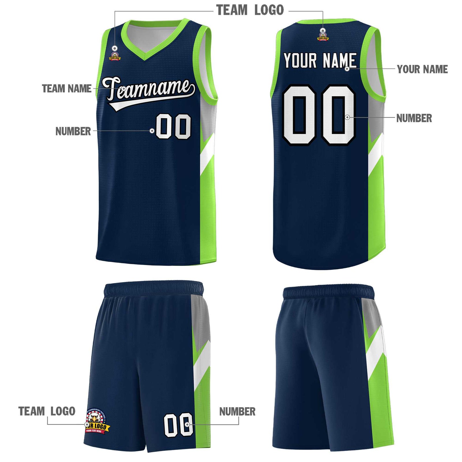 Custom Navy Neon Green Side Design Sets Sports Uniform Basketball Jersey
