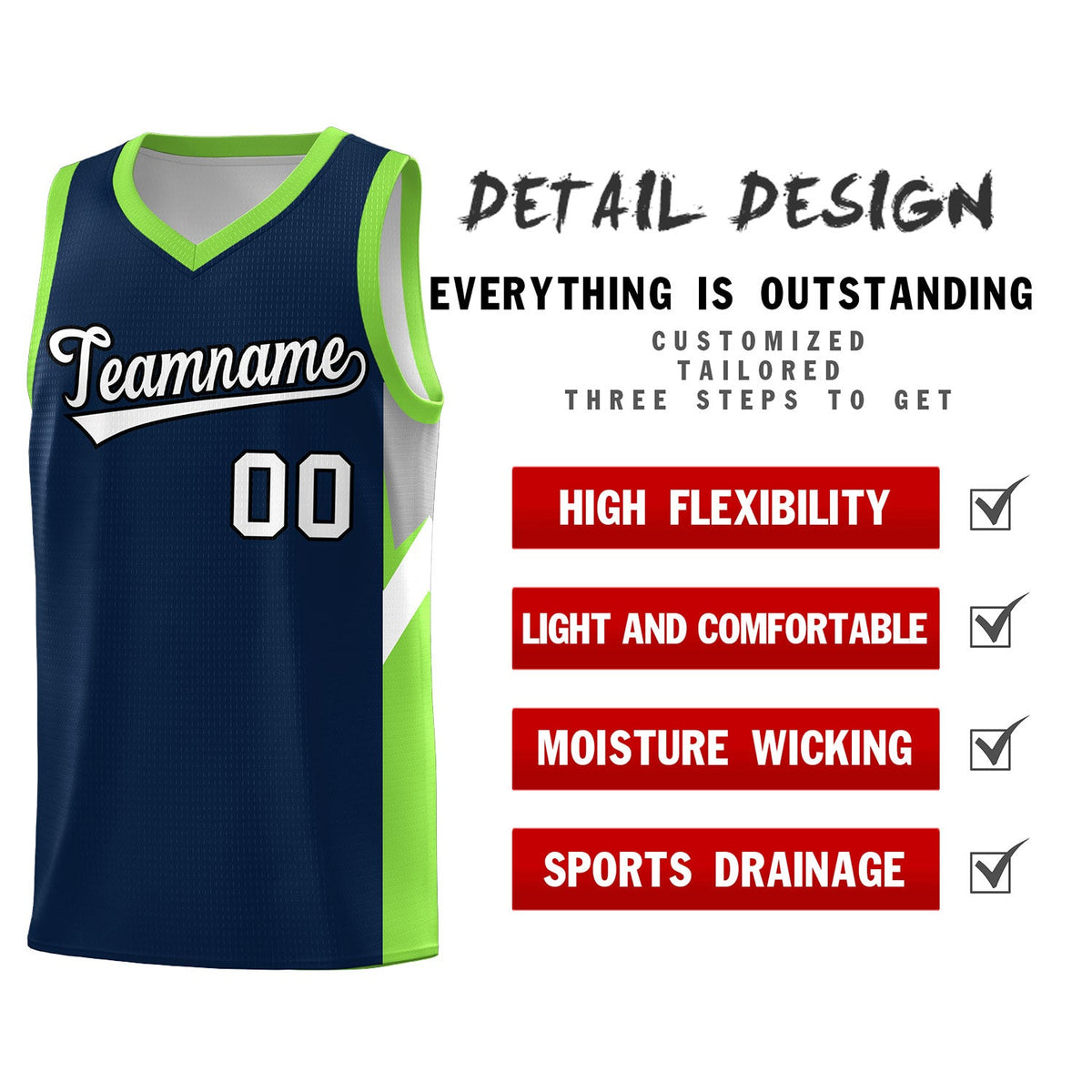 Custom Navy Neon Green Side Design Sets Sports Uniform Basketball Jersey