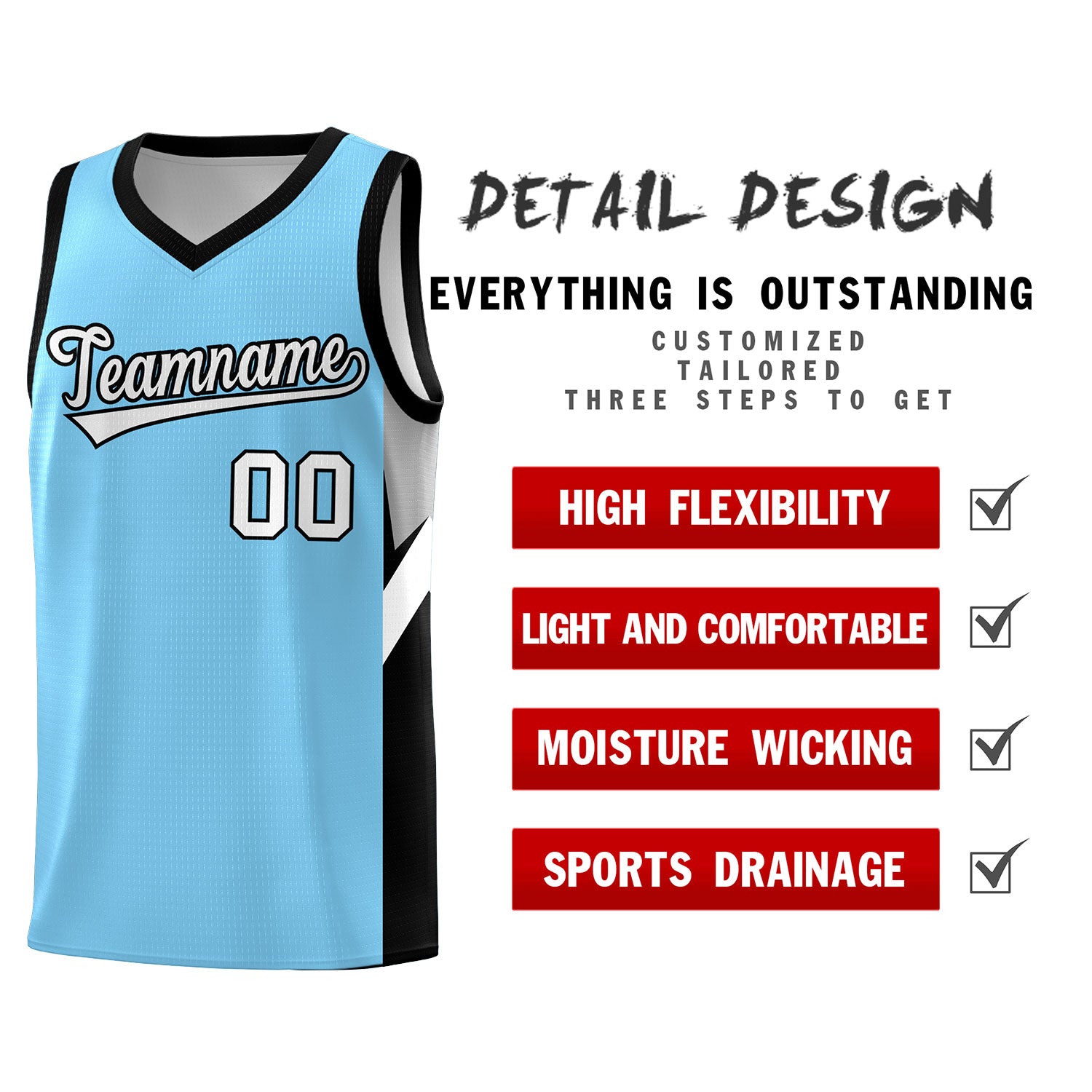 Custom Light Blue Black Side Design Sets Sports Uniform Basketball Jersey