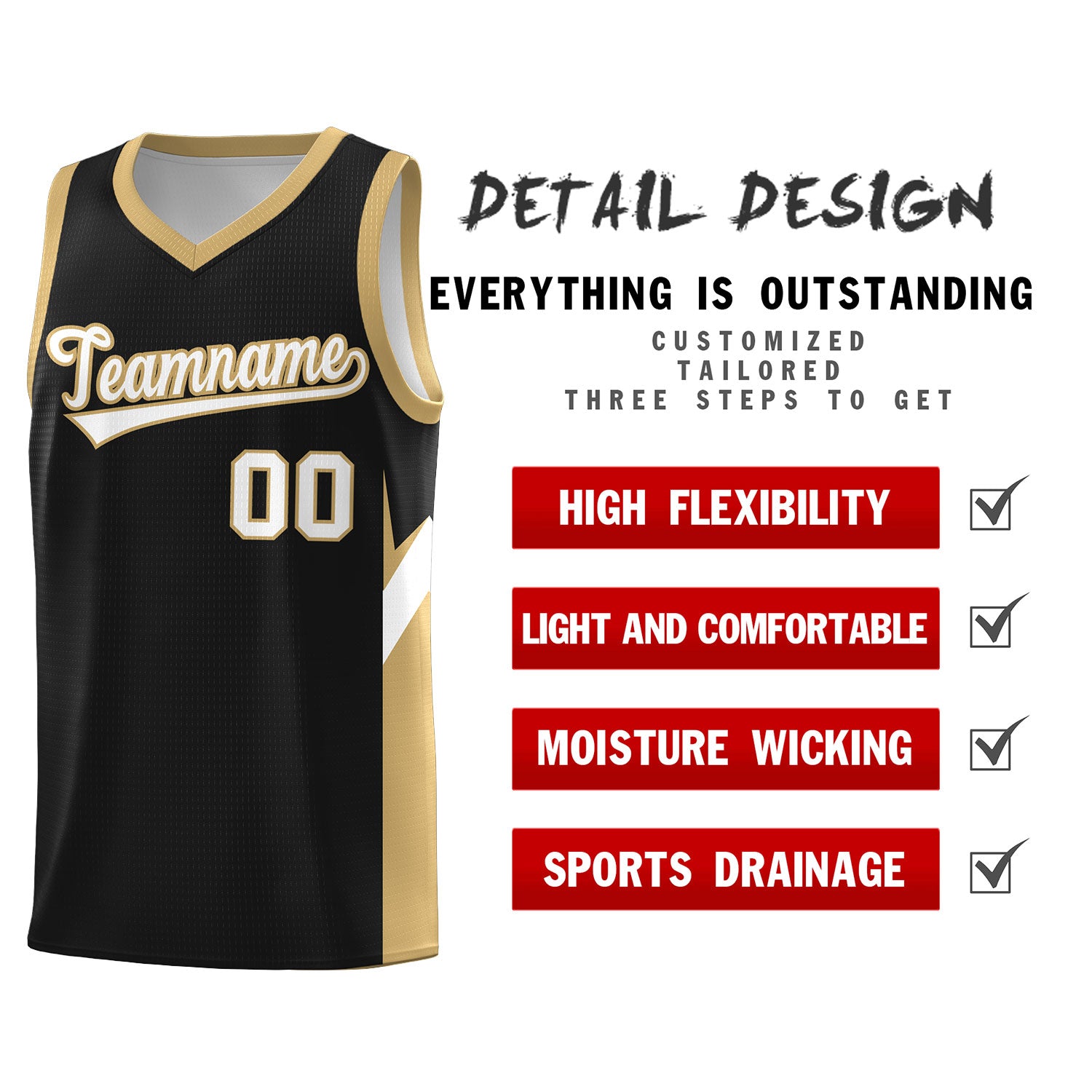 Custom Black Old Gold Side Design Sets Sports Uniform Basketball Jersey